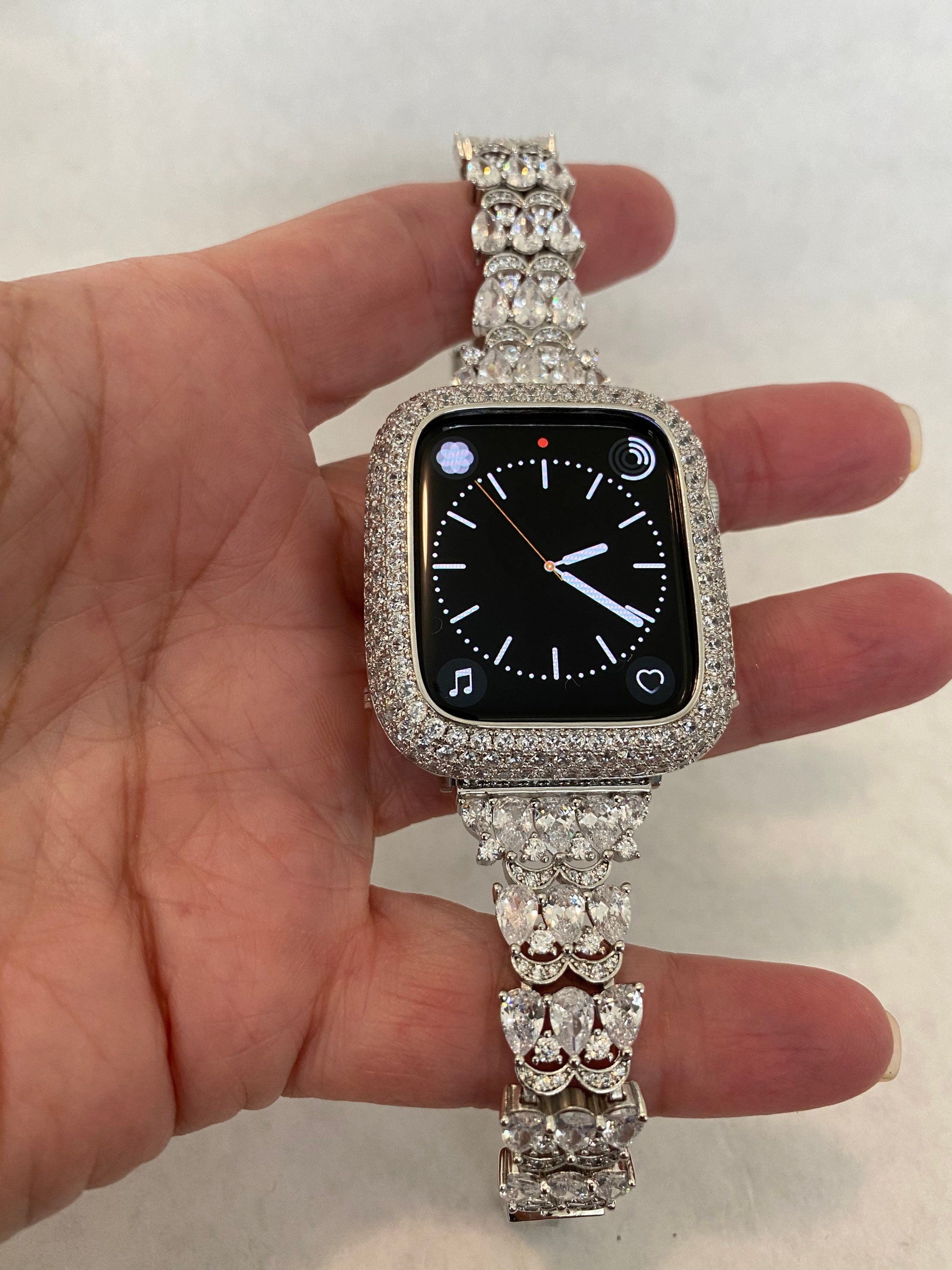 Apple Watch Band Women 41mm 45mm 49mm Ultra Swarovski Crystal Silver & or Apple Watch Cover Lab Diamond Bezel Apple Watch Case 38mm-49mm