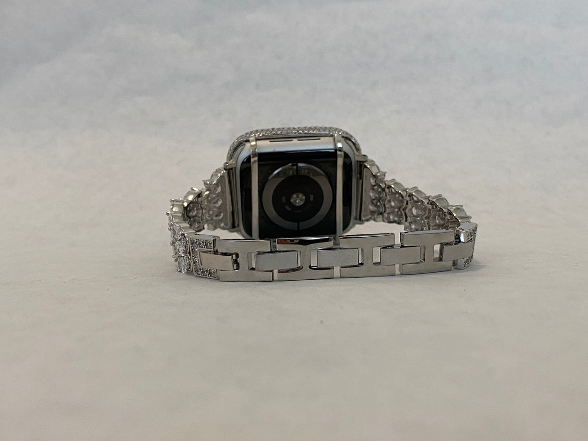 Apple Watch Band Silver Swarovski Crystals 38mm-49mm Ultra & or Apple Watch Cover Lab Diamond Bezel Smartwatch Bumper Bling Iphone Watch