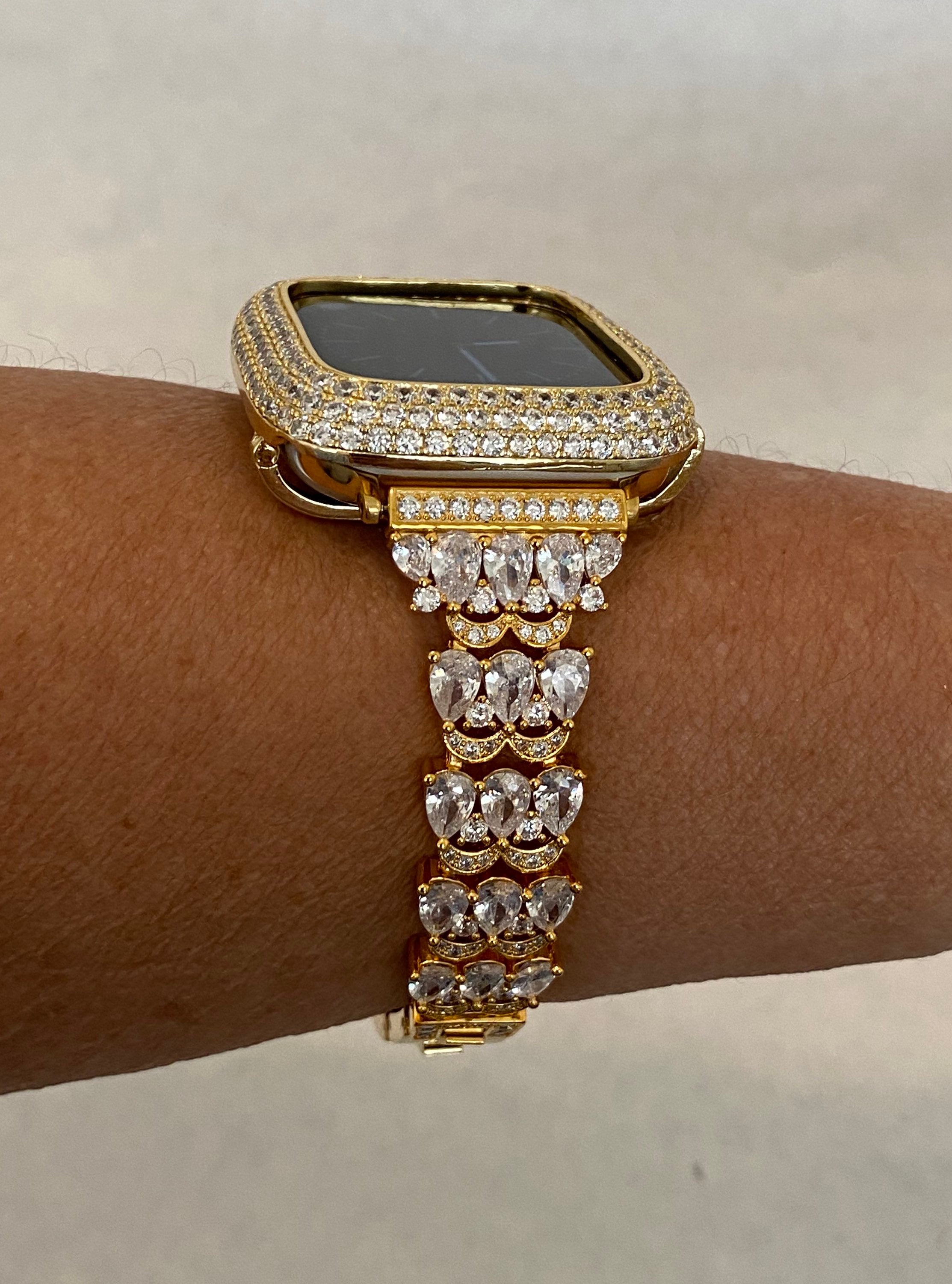 Designer Apple Watch Band Women's Gold Swarovski Crystals & or Pave Apple Watch Cover Lab Diamond Bezel Bumper Bling 38mm-49mm Iwatch Candy