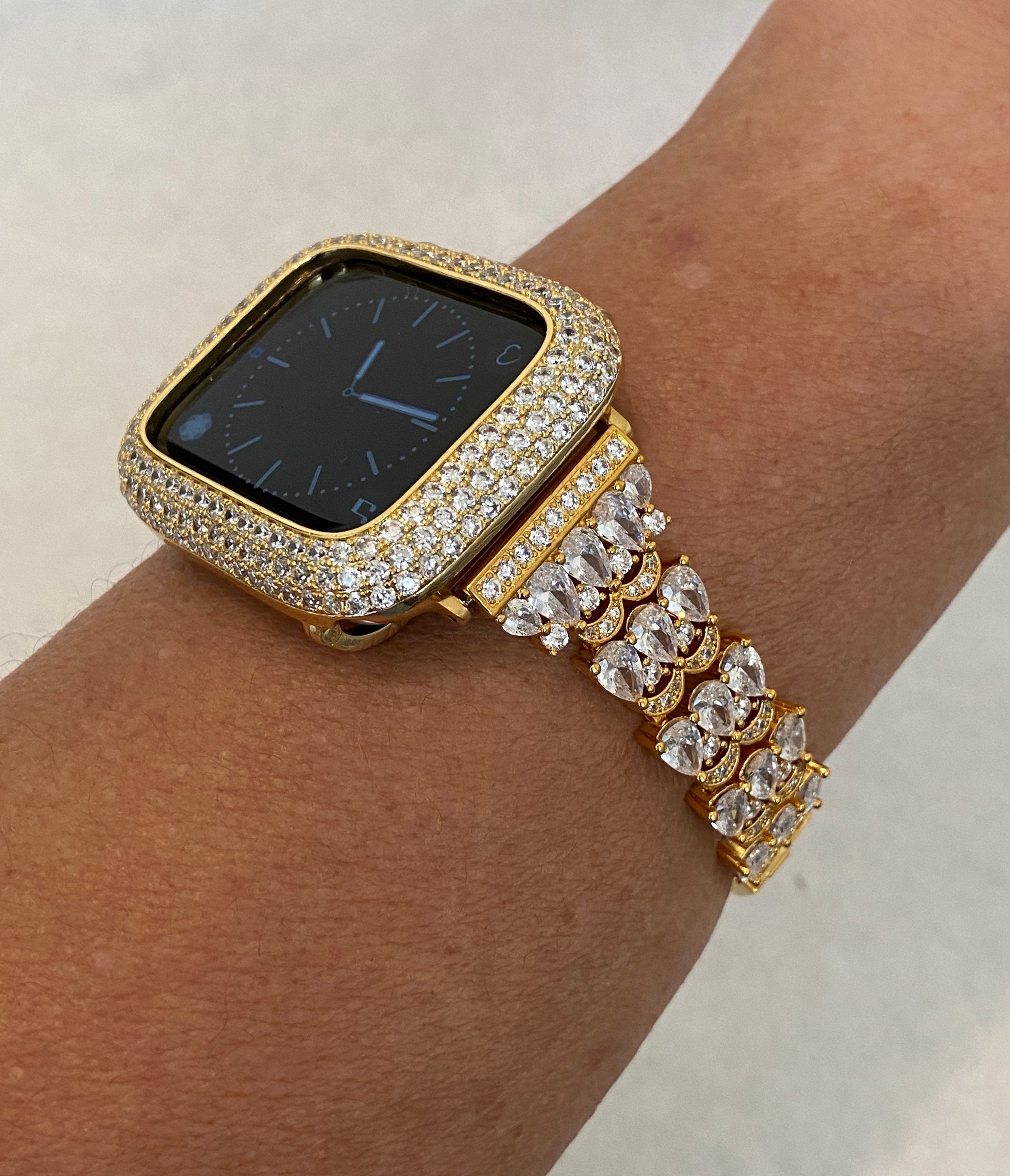 Designer Apple Watch Band Women's Gold Swarovski Crystals & or Pave Apple Watch Cover Lab Diamond Bezel Bumper Bling 38mm-49mm Iwatch Candy