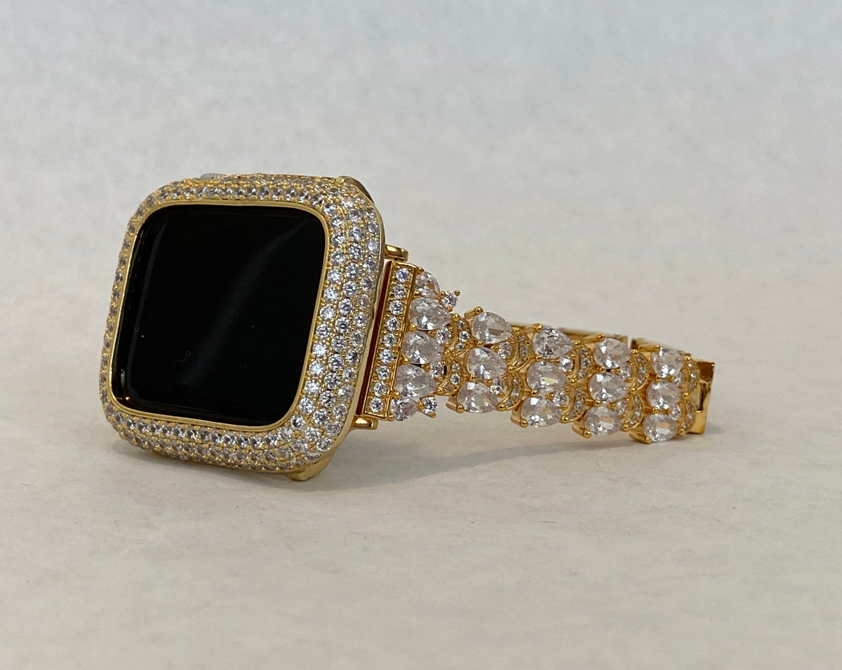 Designer Apple Watch Band Women's Gold Swarovski Crystals & or Pave Apple Watch Cover Lab Diamond Bezel Bumper Bling 38mm-49mm Iwatch Candy