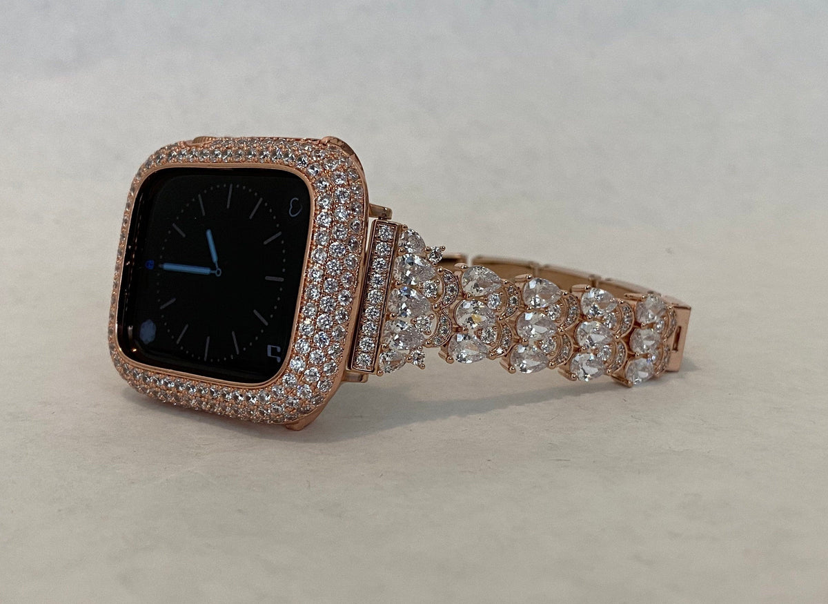 Apple Watch Band Rose Gold Swarovski Crystals & or Apple Watch Cover Lab Diamond Bezel Case Smartwatch Bumper Case 38-49mm Ultra