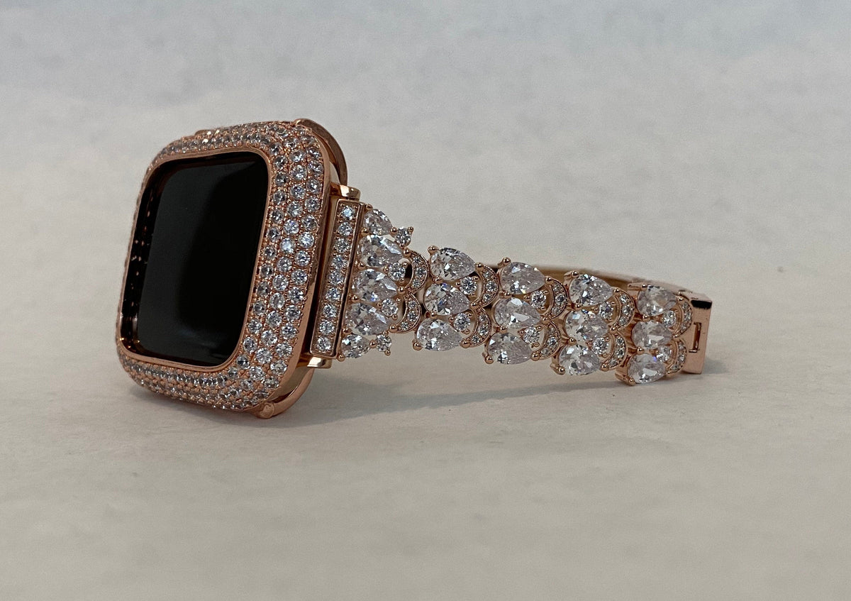 Apple Watch Band Rose Gold Swarovski Crystals & or Apple Watch Cover Lab Diamond Bezel Case Smartwatch Bumper Case 38-49mm Ultra
