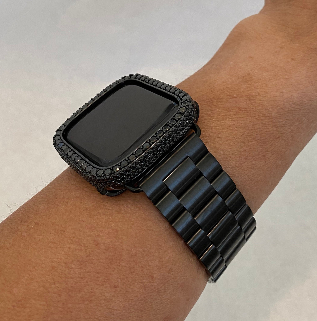 Apple Watch Band Black Stainless Steel & or Apple Watch Cover Lab Diamond Bezel Case 38mm-49mm Ultra Smartwatch Bumper Bling Series 10-11