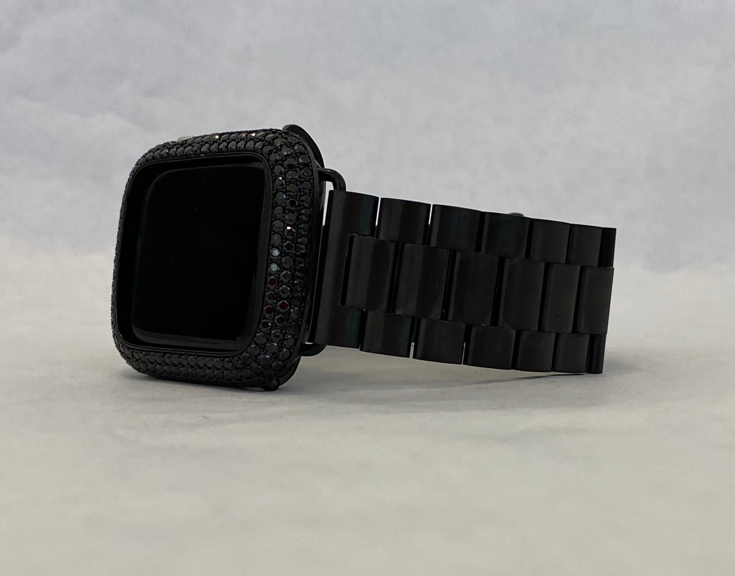 Black Apple Watch Band Stainless Steel & or Apple Watch Cover Lab Diamond Bezel Apple Watch Case 38 40 41 42 44 45 46 49mm Ultra Bling
