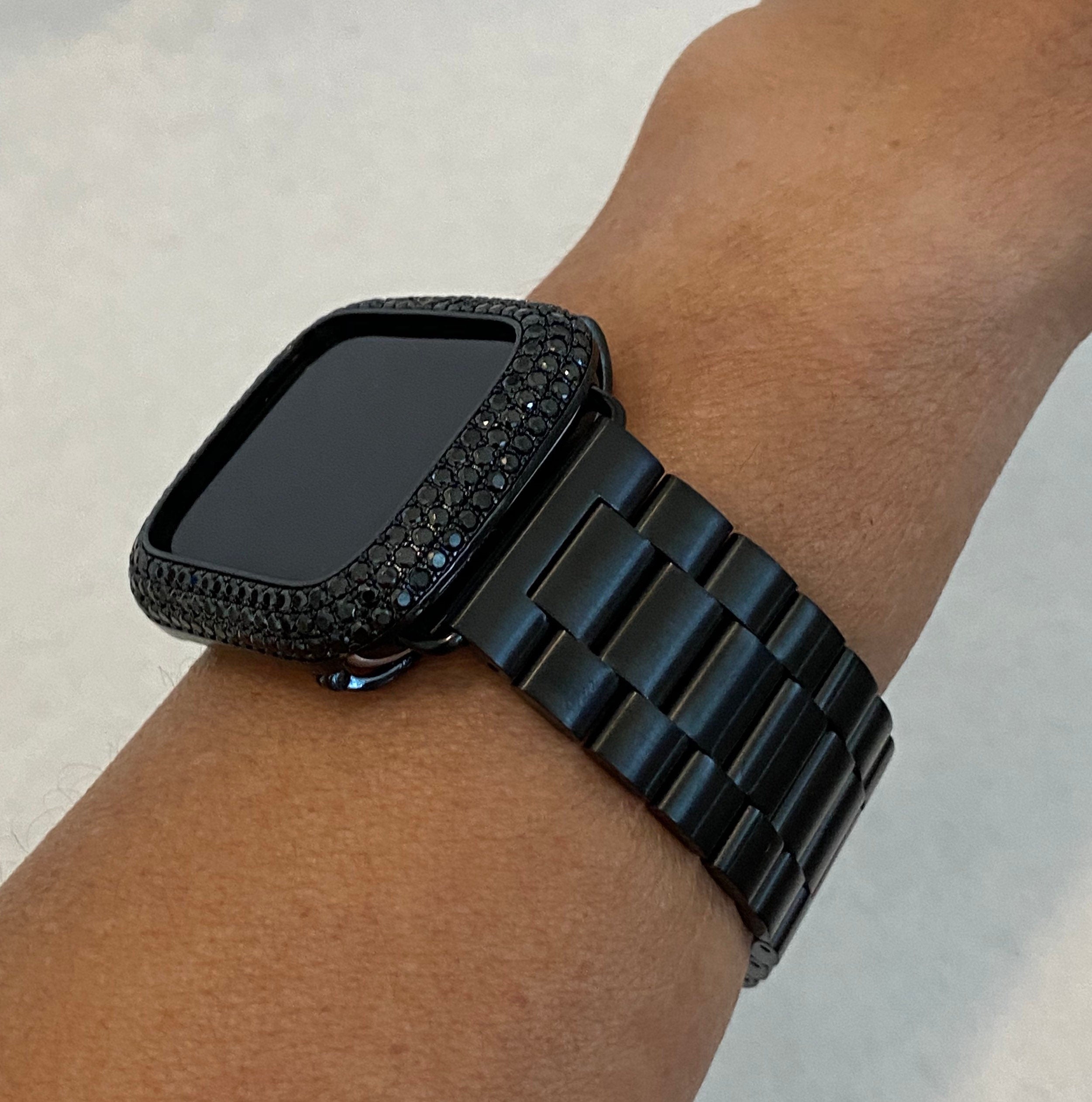 Black Apple Watch Band Stainless Steel & or Apple Watch Cover Lab Diamond Bezel Apple Watch Case 38 40 41 42 44 45 46 49mm Ultra Bling