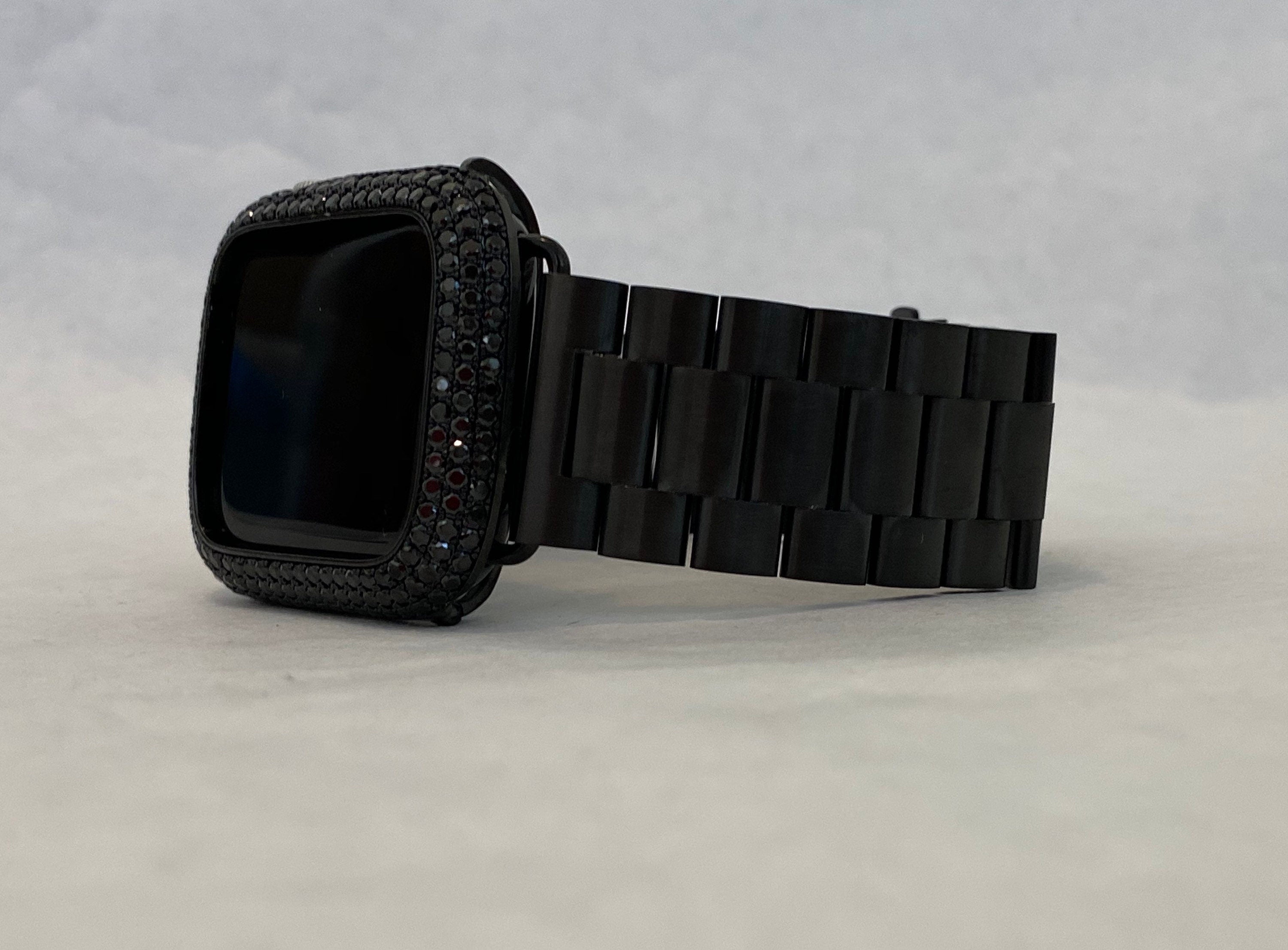 Black Apple Watch Band Stainless Steel & or Apple Watch Cover Lab Diamond Bezel Apple Watch Case 38 40 41 42 44 45 46 49mm Ultra Bling