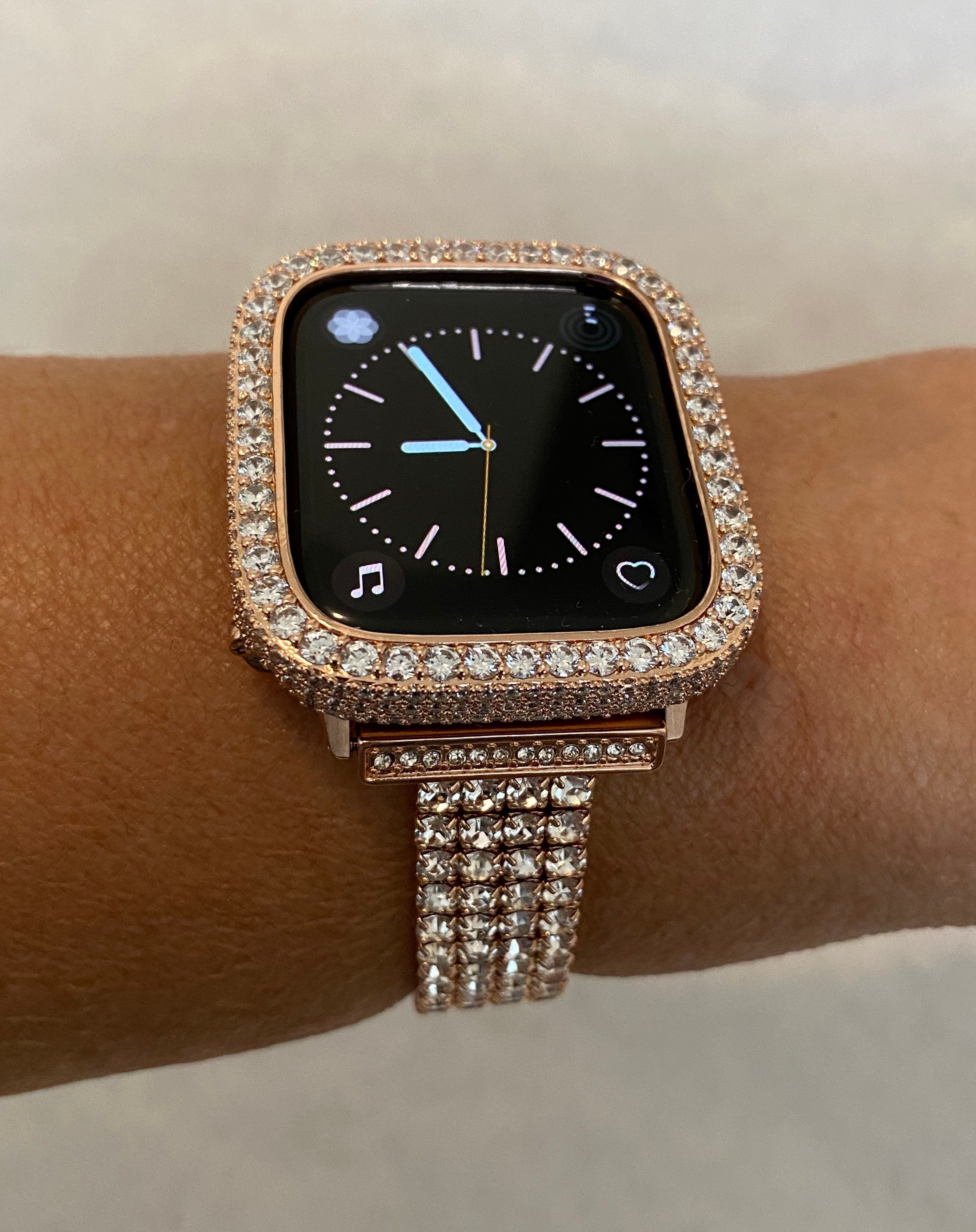 Apple Watch Band Series 10 Rose Gold Swarovski Crystals & or Apple Watch Cover Lab Diamond Bezel Case Smartwatch Bumper Bling 38mm-49mm