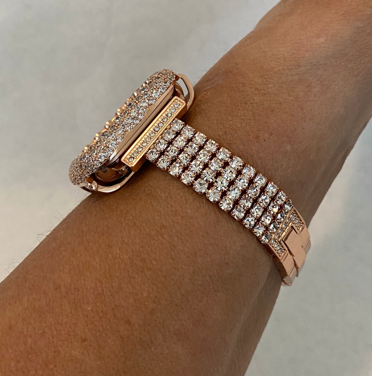Apple Watch Band Women Rose Gold Swarovski Crystal 38mm-49mm Ultra & or Apple Watch Cover Lab Diamonds Iwatch Candy Bumper Case Bling