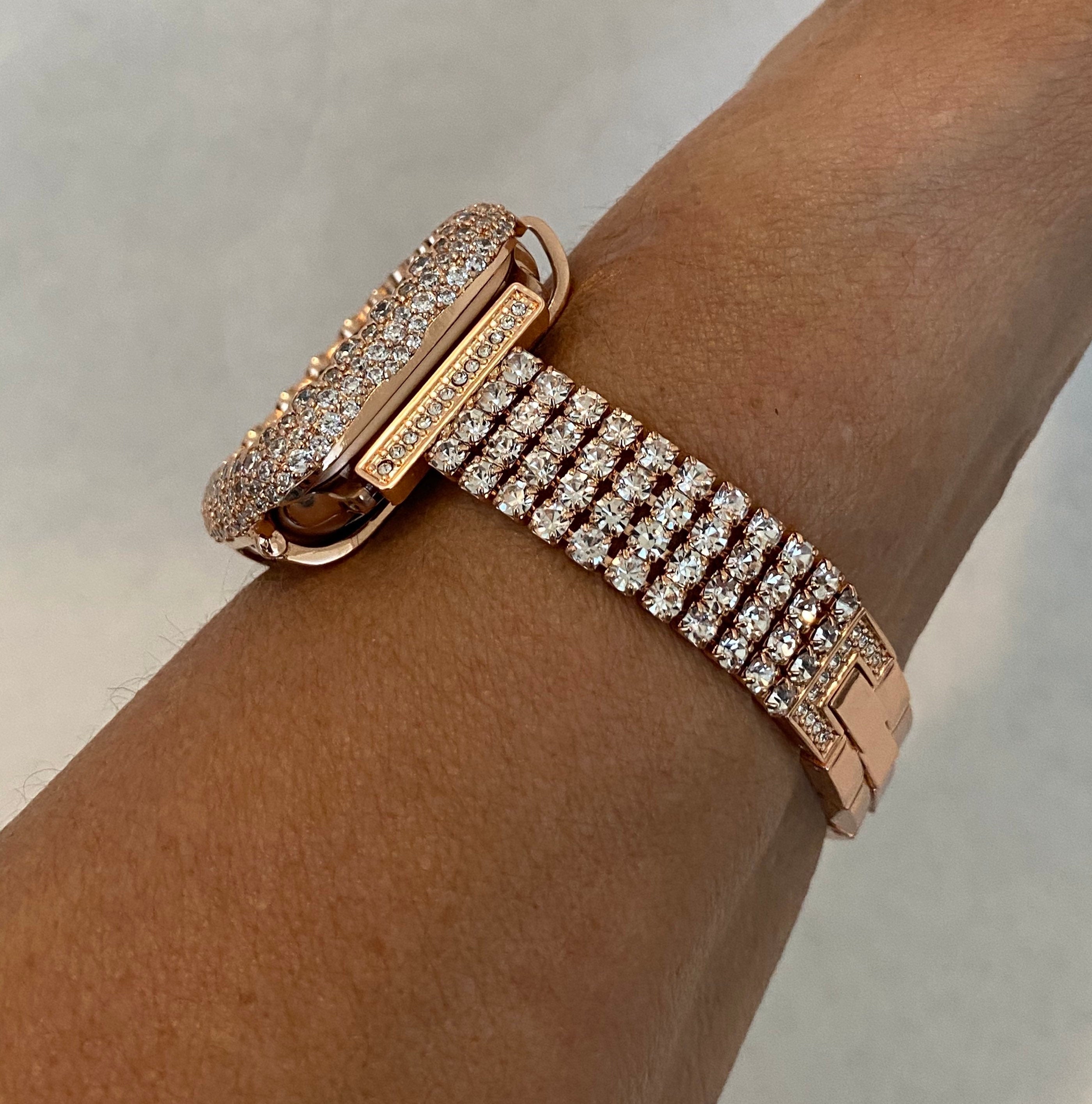 Apple Watch Band Women Rose Gold Swarovski Crystal 38mm-49mm Ultra & or Apple Watch Cover Lab Diamonds Iwatch Candy Bumper Case Bling