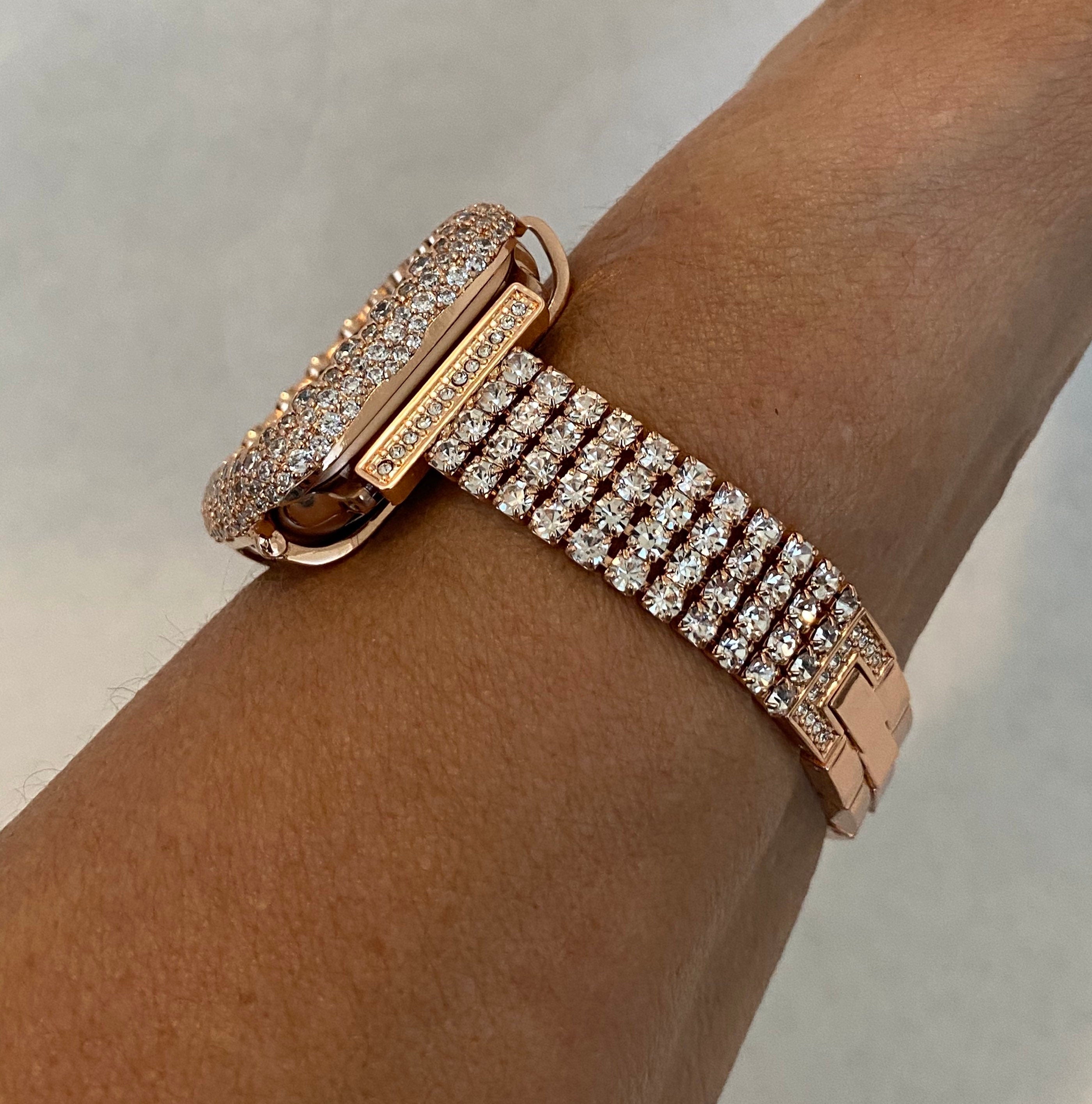 Apple Watch Band Women Rose Gold Swarovski Crystal 38mm-49mm Ultra & or Apple Watch Cover Lab Diamonds Iwatch Candy Bumper Case Bling