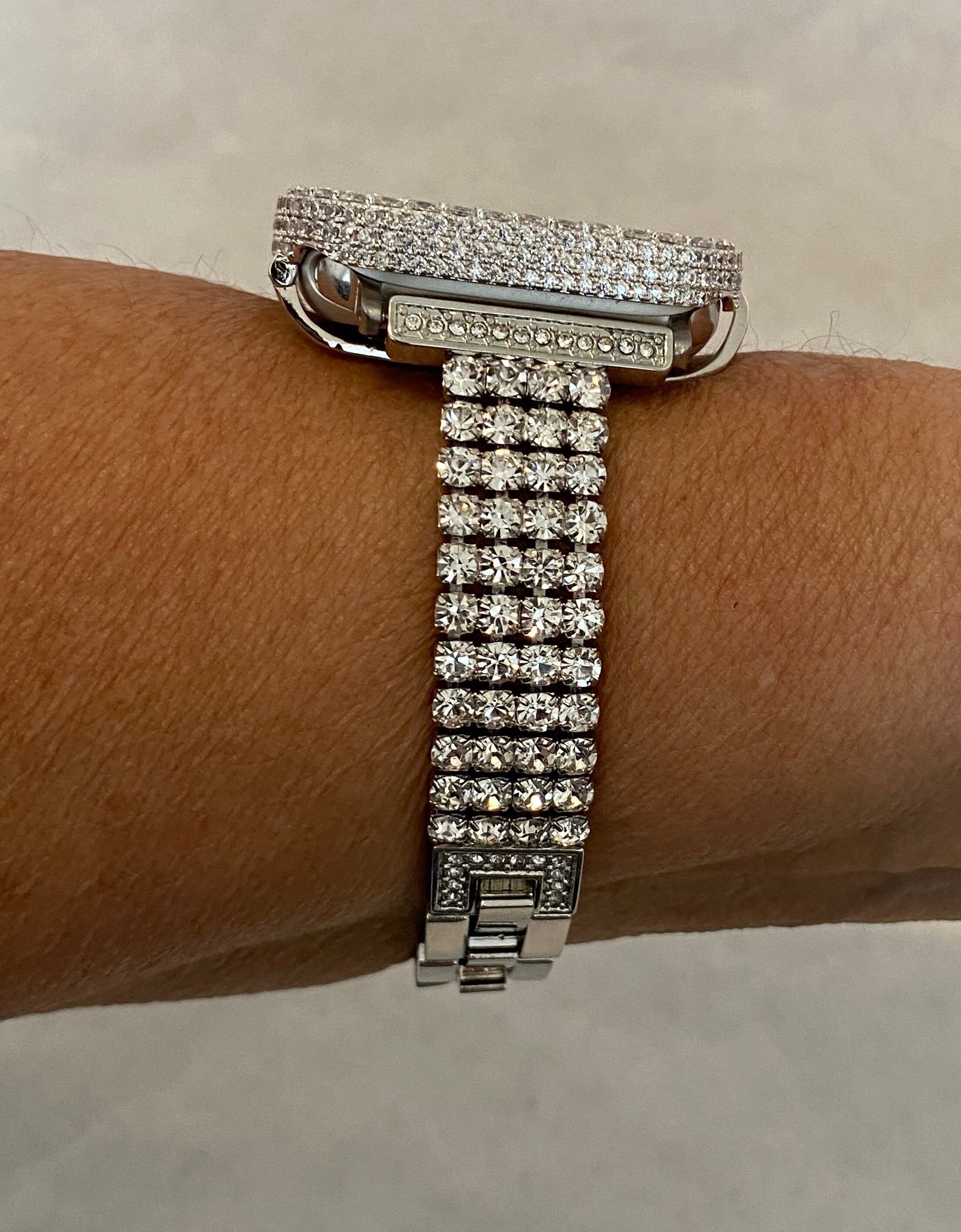 Swarovski Crystal Apple Watch Band Womens Silver Bracelet & or Apple Watch Case Lab Diamond Bezel Iphone Watch Cover 38mm-49mm Ultra Bling