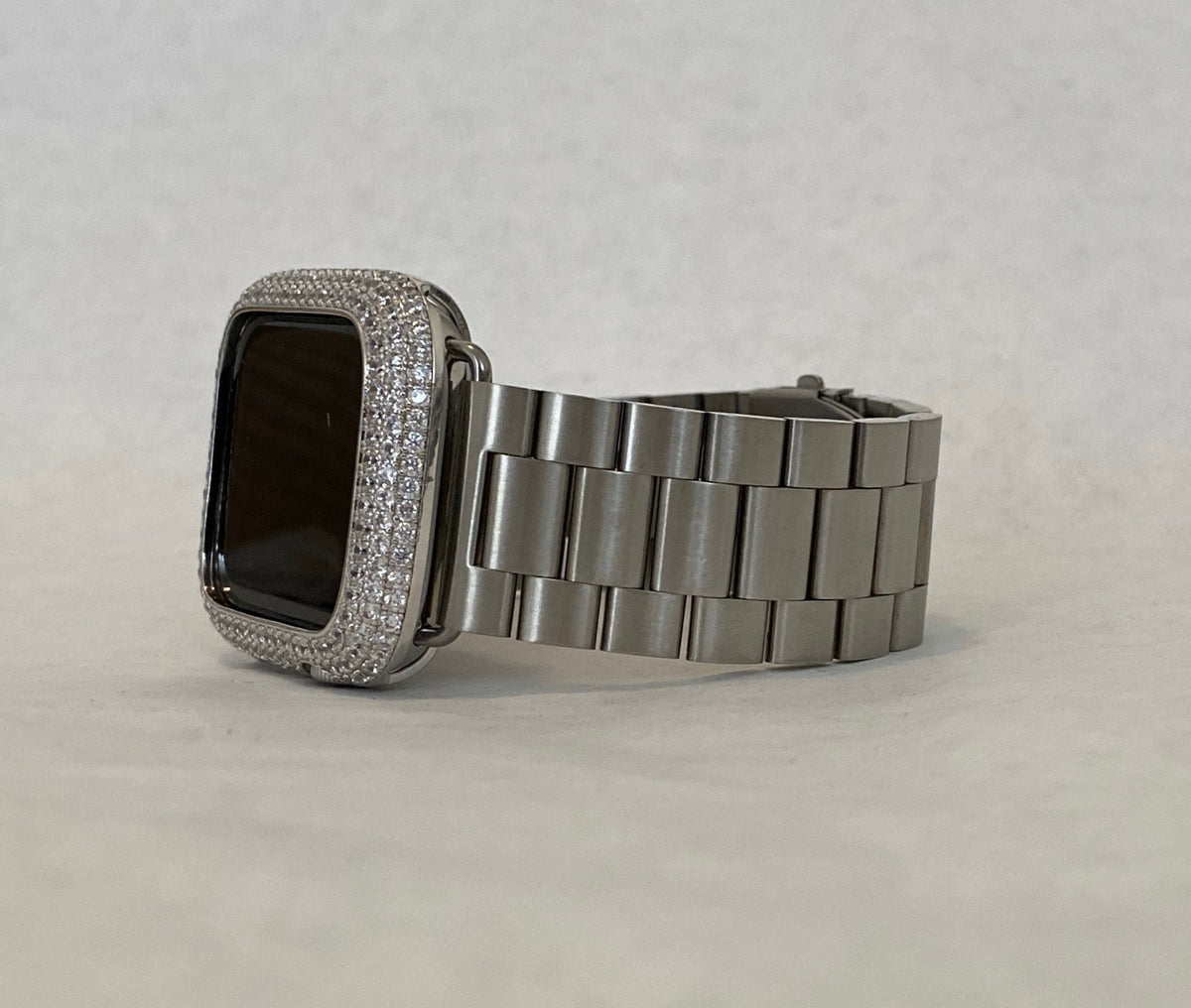 Series 10-11 Apple Watch Band Silver Stainless Steel 38mm-49mm Ultra & or Apple Watch Case Lab Diamond Bezel Iphone Watch Cover Bling