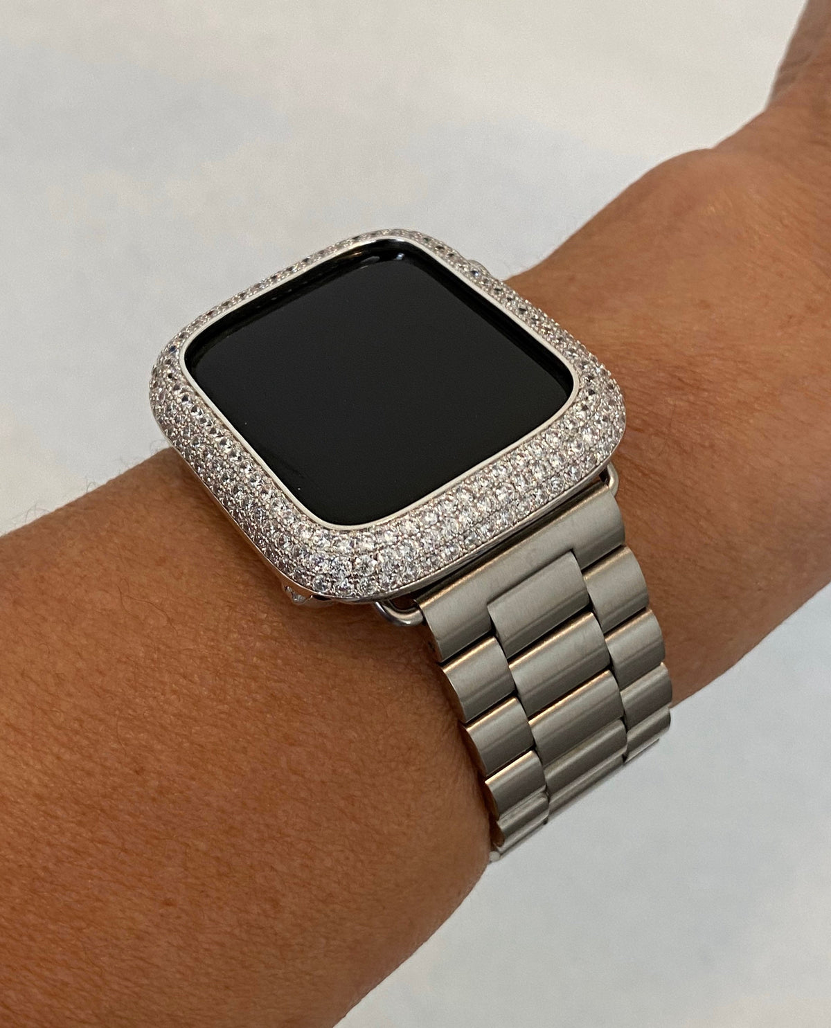 Apple Watch Band Silver Stainless Steel Style & or Iphone Apple Watch Cover Lab Diamond Bezel Iwatch Case 38mm-49mm Ultra Series 11