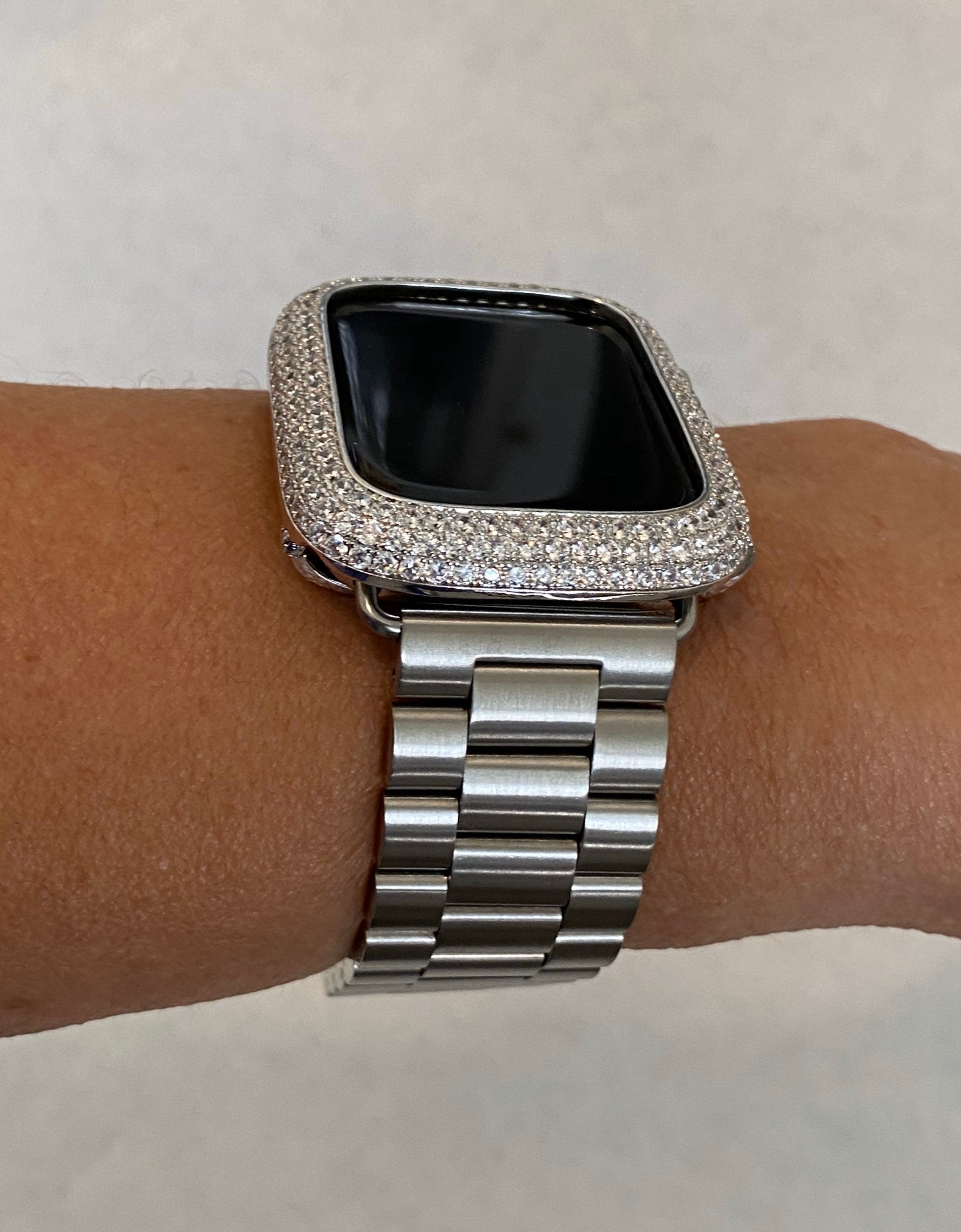 Silver Apple Watch Band Rolex Style 38mm-49mm Ultra & or Apple Watch Case Lab Diamond Bezel Cover Smartwatch Bumper Bling Series 1-8 SE