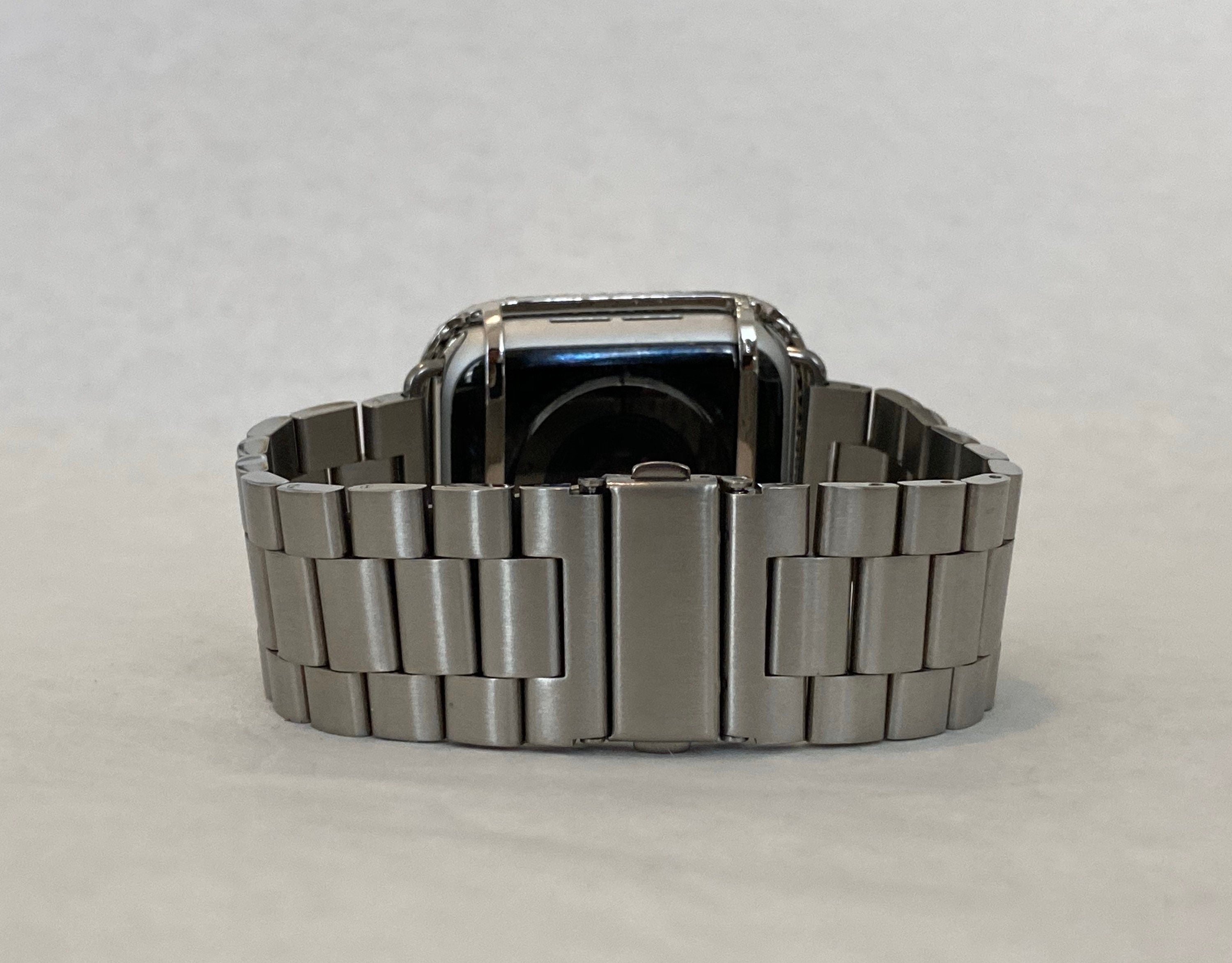 Series 10-11Apple Watch Band Silver Stainless Steel 38mm-49mm Ultra & or Apple Watch Case Lab Diamond Bezel Iphone Watch Cover Bling