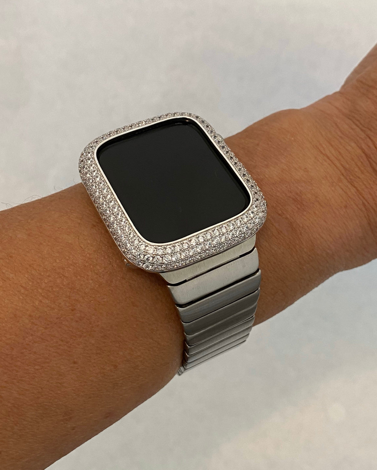 Mens Apple Watch Band Silver 42mm 44mm 45mmn 46mm 49mm Ultra Stainless Steel & or Apple Watch Cover Lab Diamond Bezel Iwatch Bling Series 11