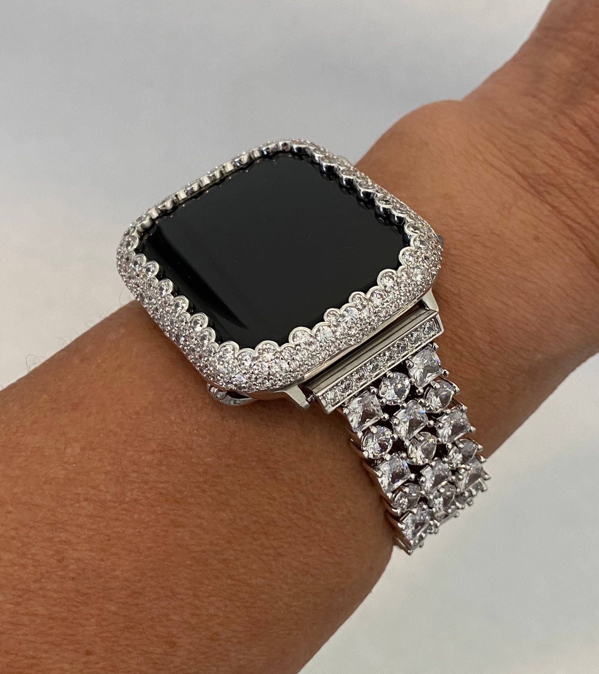 Silver Apple Watch Band 42mm 46mm Series 10 Women's Swarovski Crystal & or Apple Watch Cover Lab Diamond Bezel Iwatch Case 38mm-49mm Bling