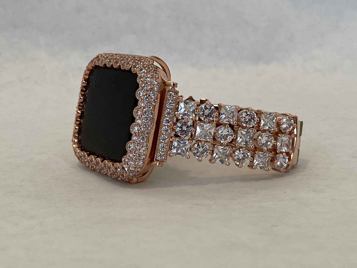 Apple Watch Band 41mm 45mm 49mm Ultra Swarovski Crystals Rose Gold & or Apple Watch Case Lab Diamond Bezel Apple Watch Cover Iwatch Candy