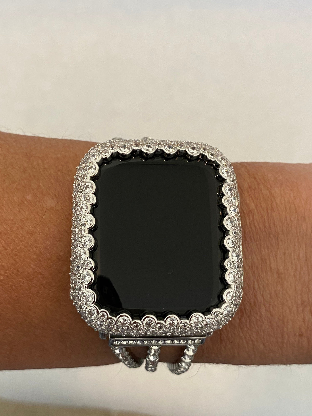 Bling Iwatch Candy Custom Silver Apple Watch Cover with Lab Diamonds set in 14k White Gold, Protective Apple Watch Bumper Case in sizes 38mm 40mm 41mm 42mm 44mm 45mm 49mm Ultra