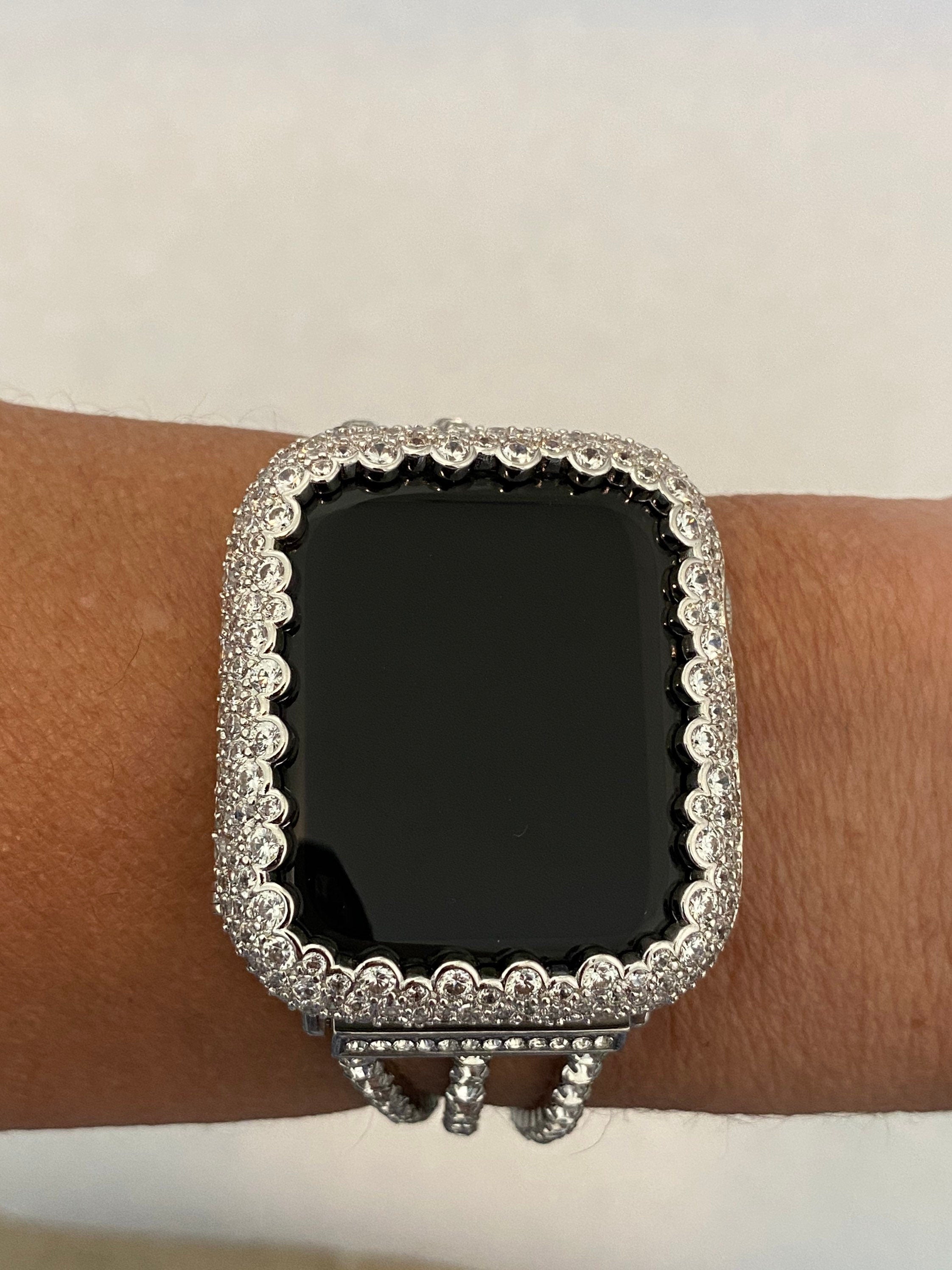 Bling Iwatch Candy Custom Silver Apple Watch Cover with Lab Diamonds set in 14k White Gold, Protective Apple Watch Bumper Case in sizes 38mm 40mm 41mm 42mm 44mm 45mm 49mm Ultra