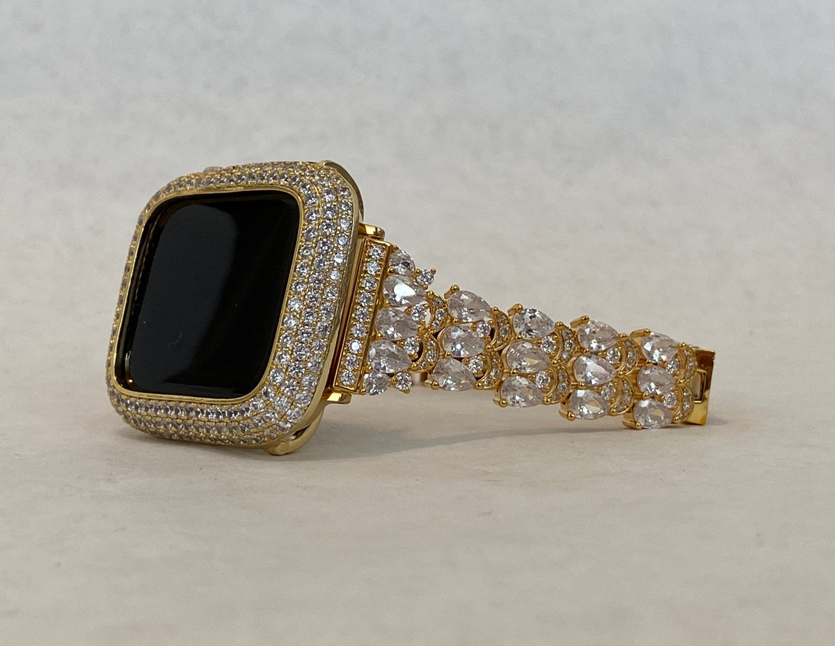 Designer Apple Watch Band Women's Gold Swarovski Crystals & or Pave Apple Watch Cover Lab Diamond Bezel Bumper Bling 38mm-49mm Iwatch Candy