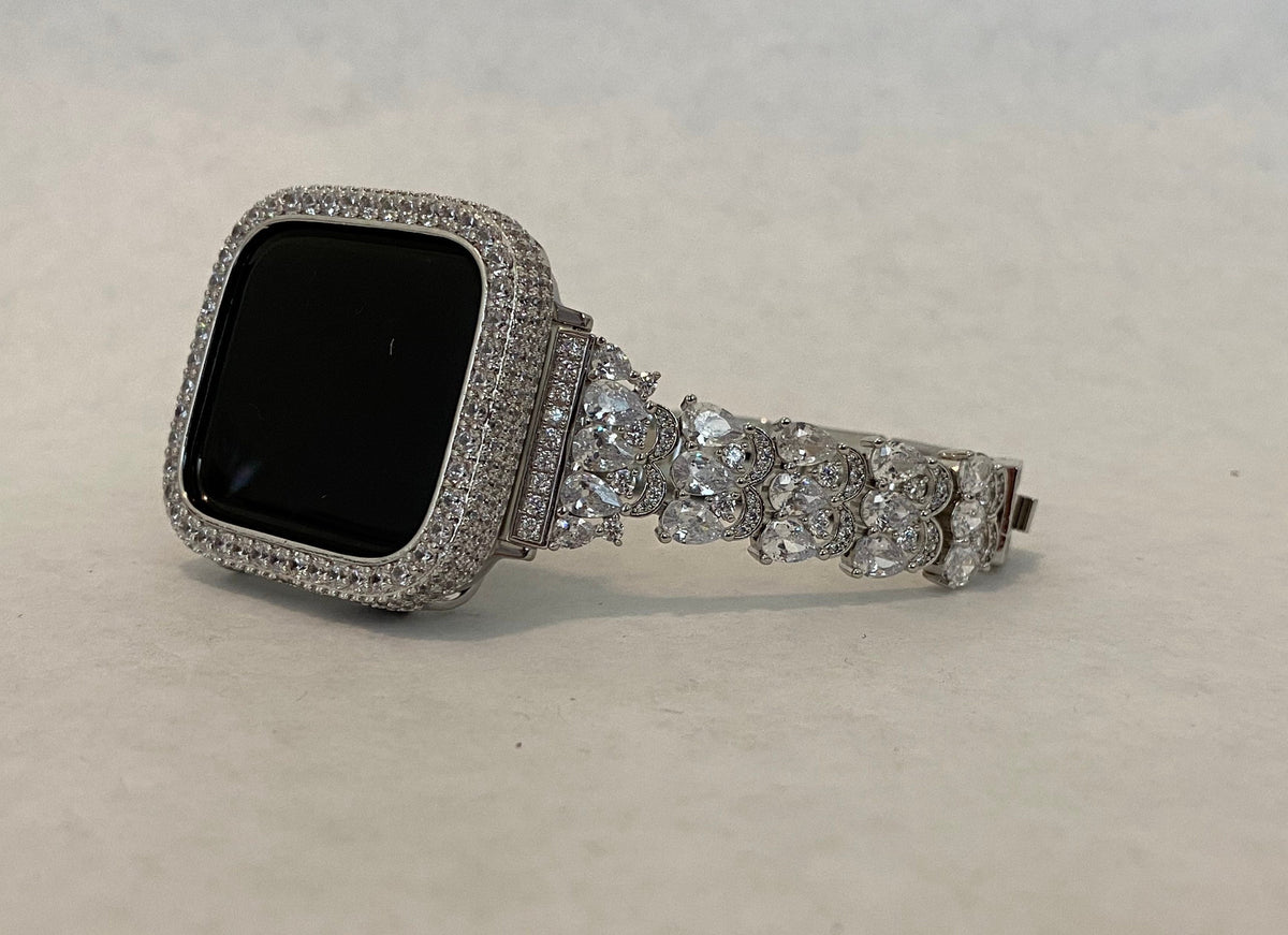Apple Watch Band Silver Swarovski Crystals 38mm-49mm Ultra & or Apple Watch Cover Lab Diamond Bezel Smartwatch Bumper Bling Iphone Watch