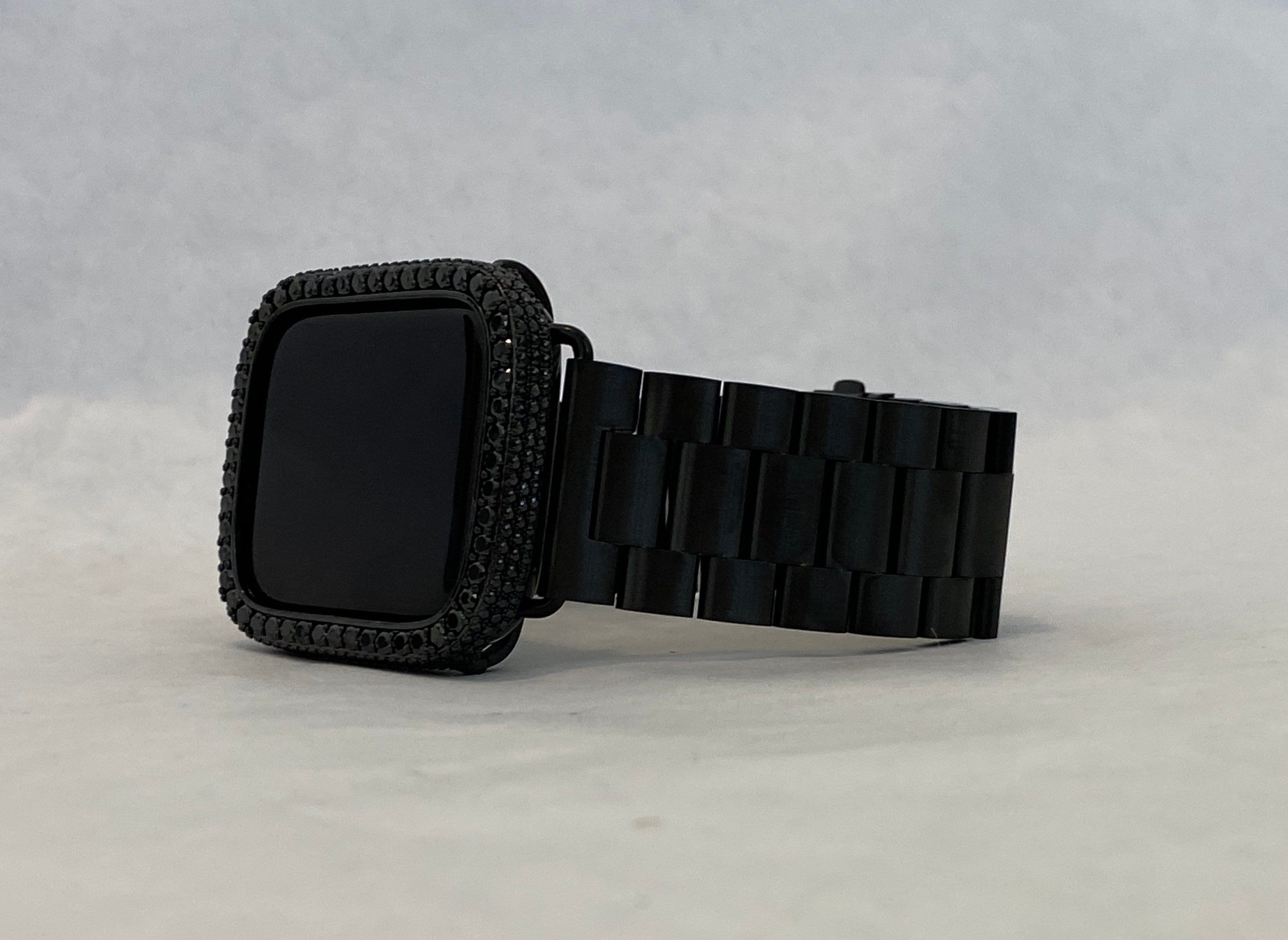 Apple Watch Band Black Stainless Steel & or Apple Watch Cover Lab Diamond Bezel Case 38mm-49mm Ultra Smartwatch Bumper Bling Series 10-11
