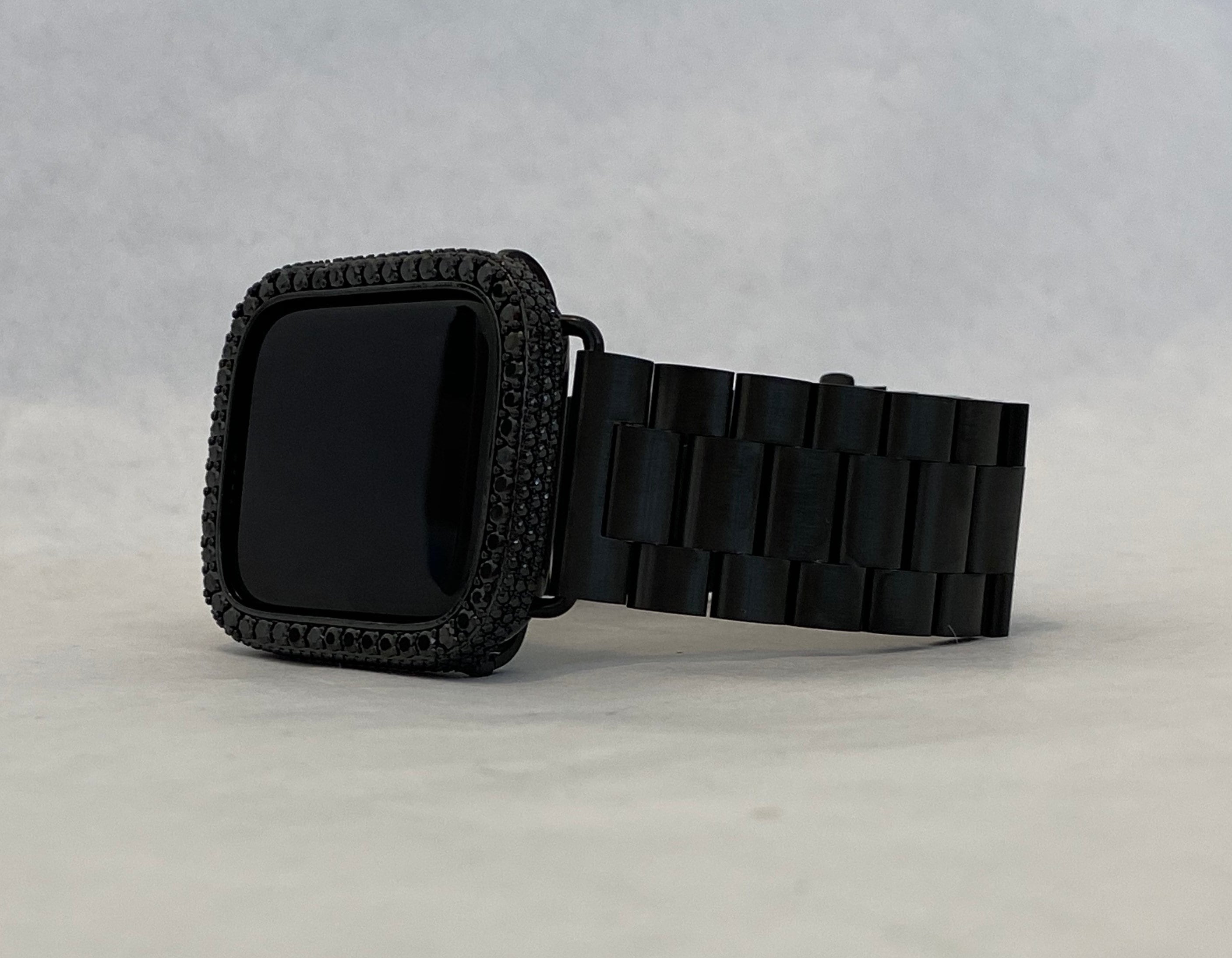 Apple Watch Band Black Stainless Steel & or Apple Watch Cover Lab Diamond Bezel Case 38mm-49mm Ultra Smartwatch Bumper Bling Series 10-11