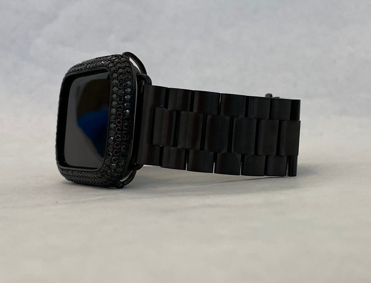 Black Apple Watch Band Stainless Steel & or Apple Watch Cover Lab Diamond Bezel Apple Watch Case 38 40 41 42 44 45 46 49mm Ultra Bling