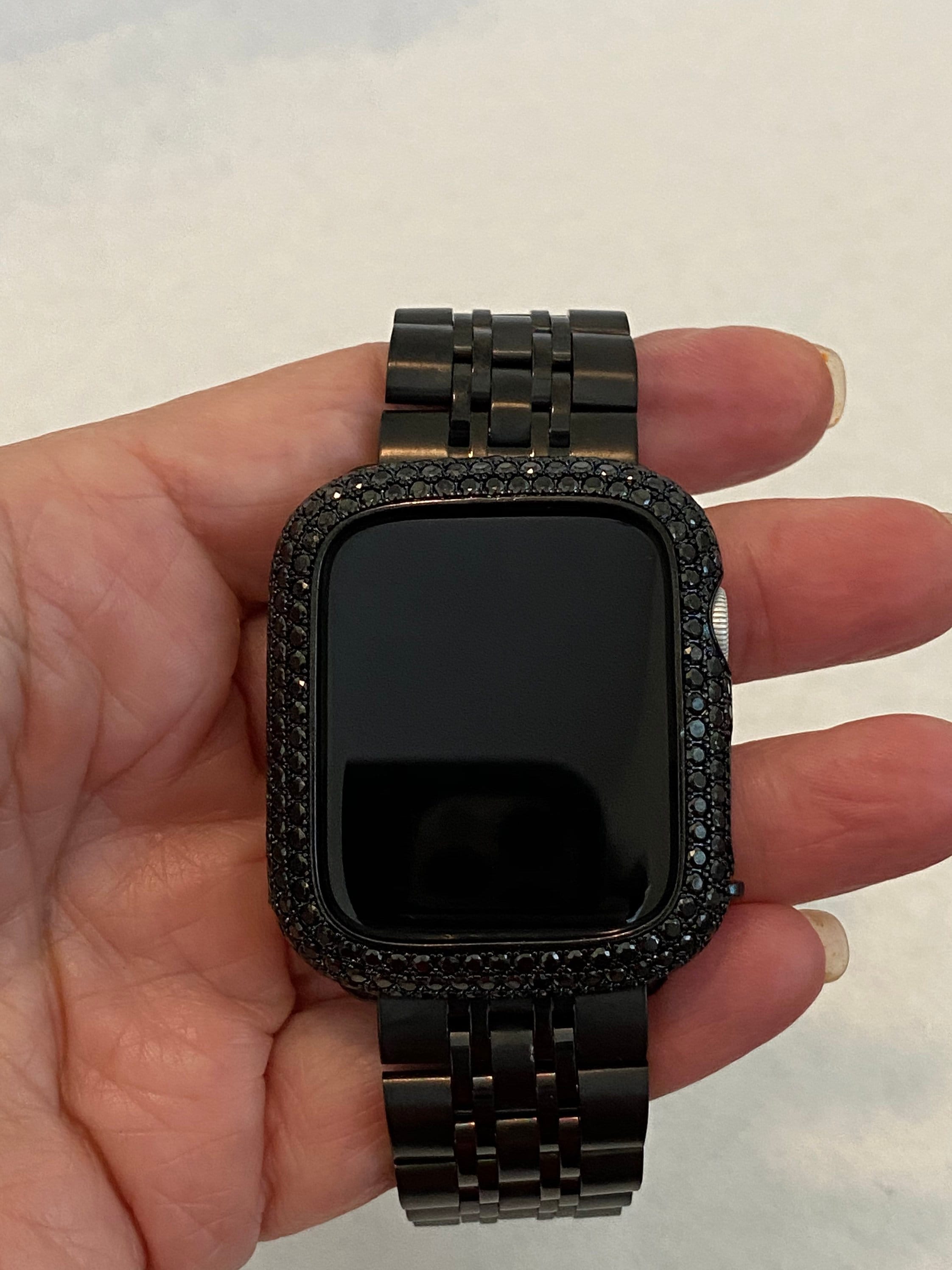 Black Apple Watch Band Stainless Steel & or Apple Watch Cover Lab Diamond Bezel Apple Watch Case 38 40 41 42 44 45 46 49mm Ultra Bling