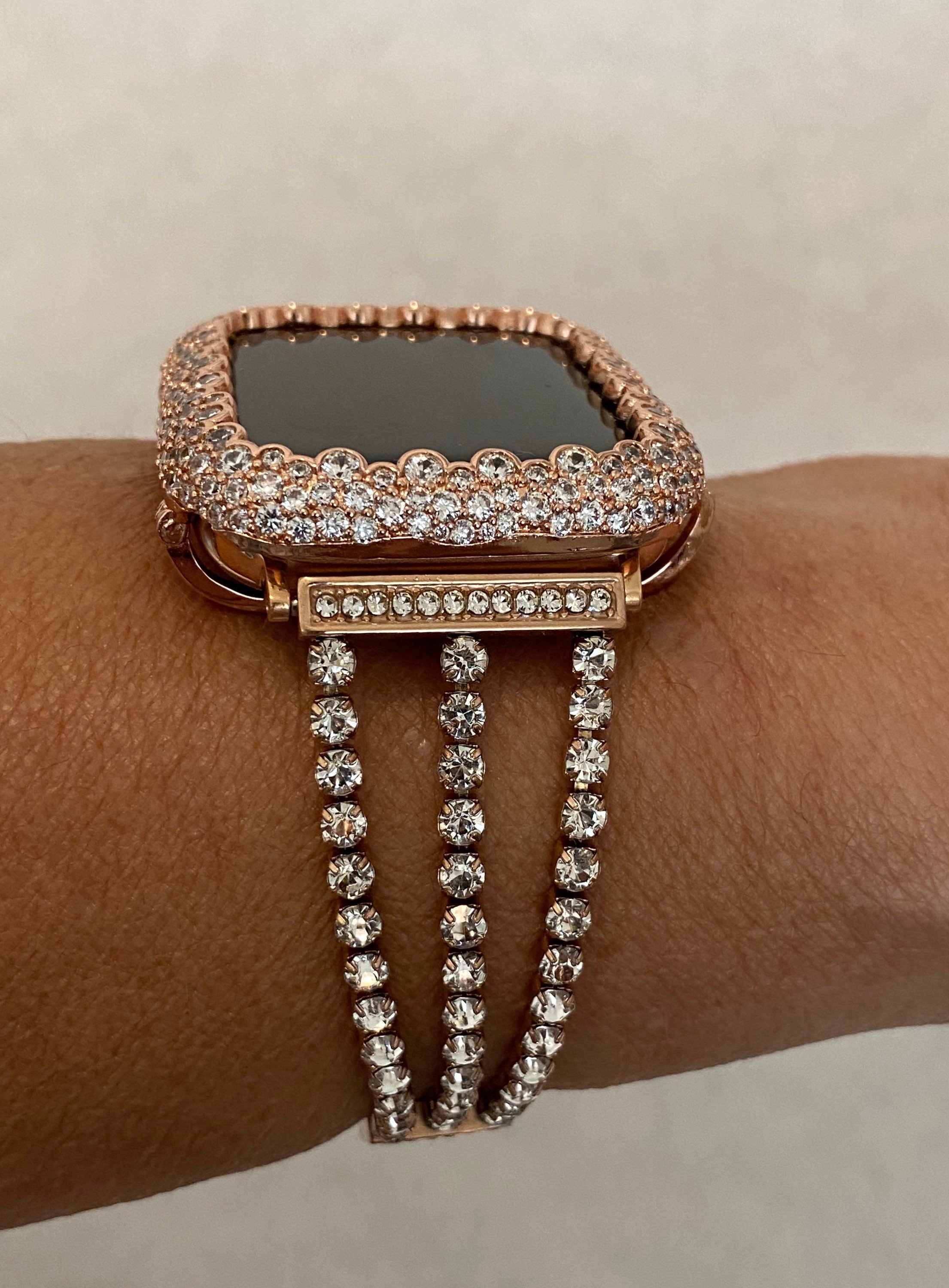 Rose Gold Apple Watch Band Bracelet Womens Swarovski Crystal & or Apple Watch Cover for Iphone Watch Lab Diamond Bezel 38mm-49mm Ultra Bling