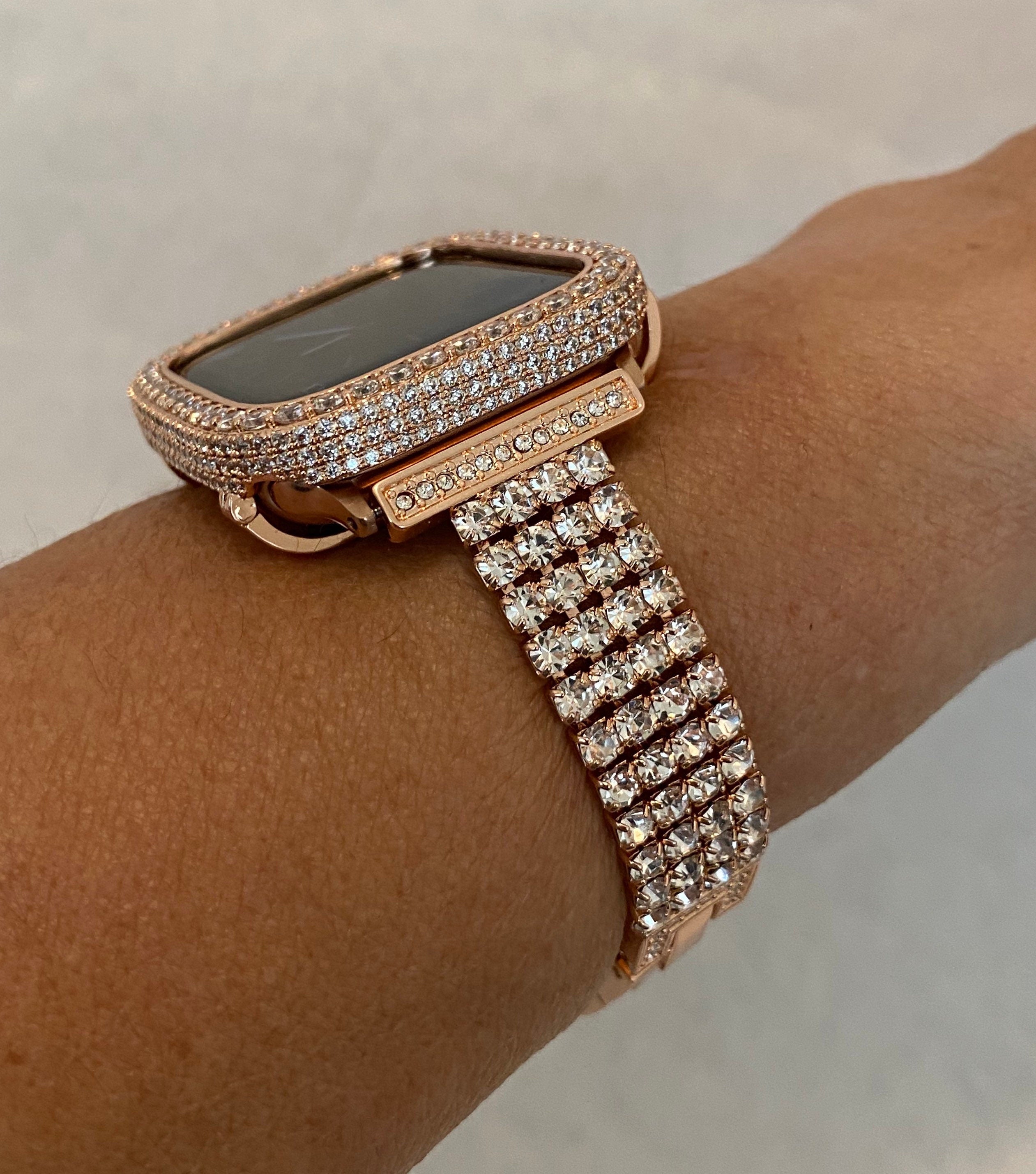 Apple Watch Band Series 10 Rose Gold Swarovski Crystals & or Apple Watch Cover Lab Diamond Bezel Case Smartwatch Bumper Bling 38mm-49mm