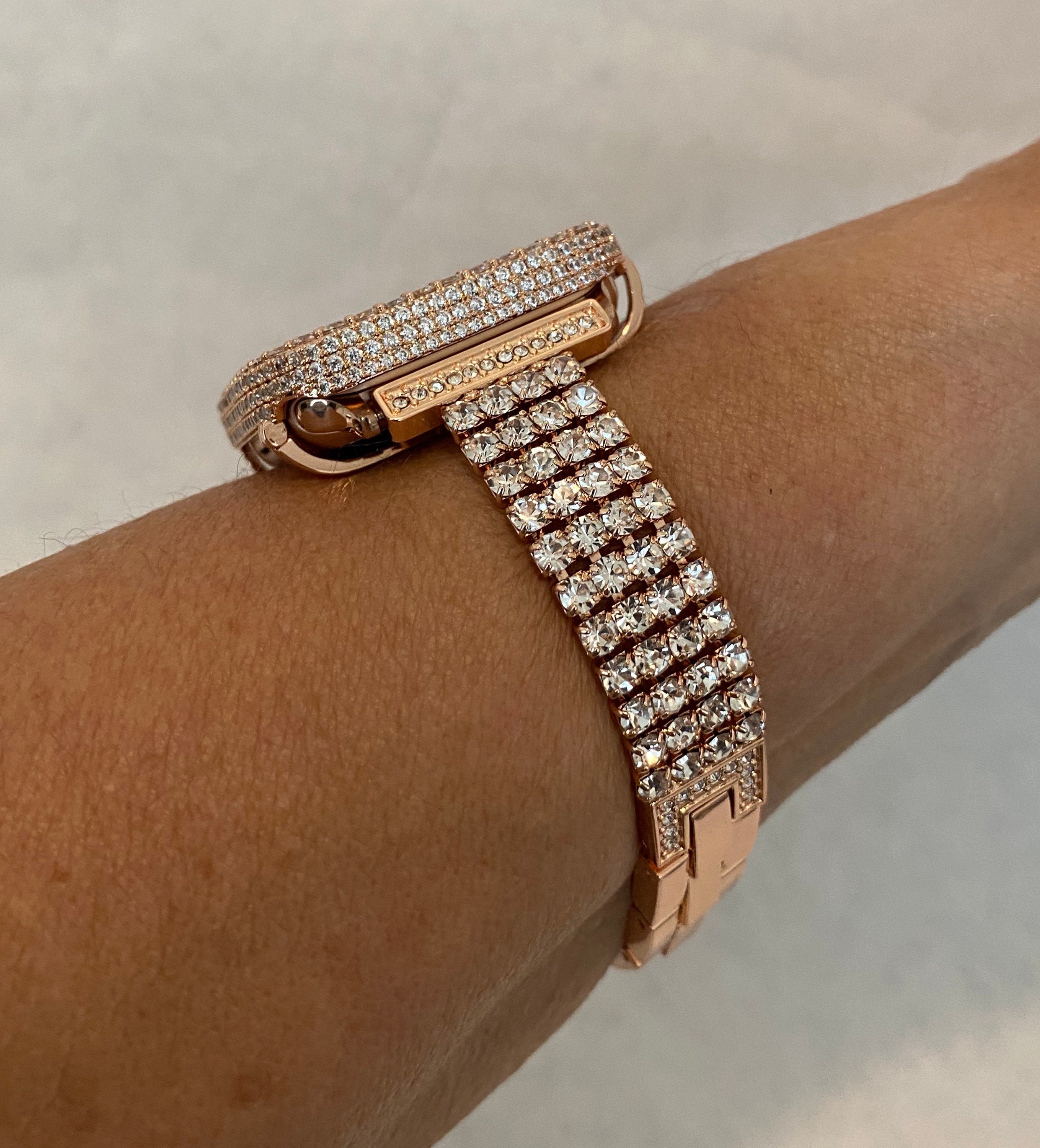 Apple Watch Band Series 10 Rose Gold Swarovski Crystals & or Apple Watch Cover Lab Diamond Bezel Case Smartwatch Bumper Bling 38mm-49mm