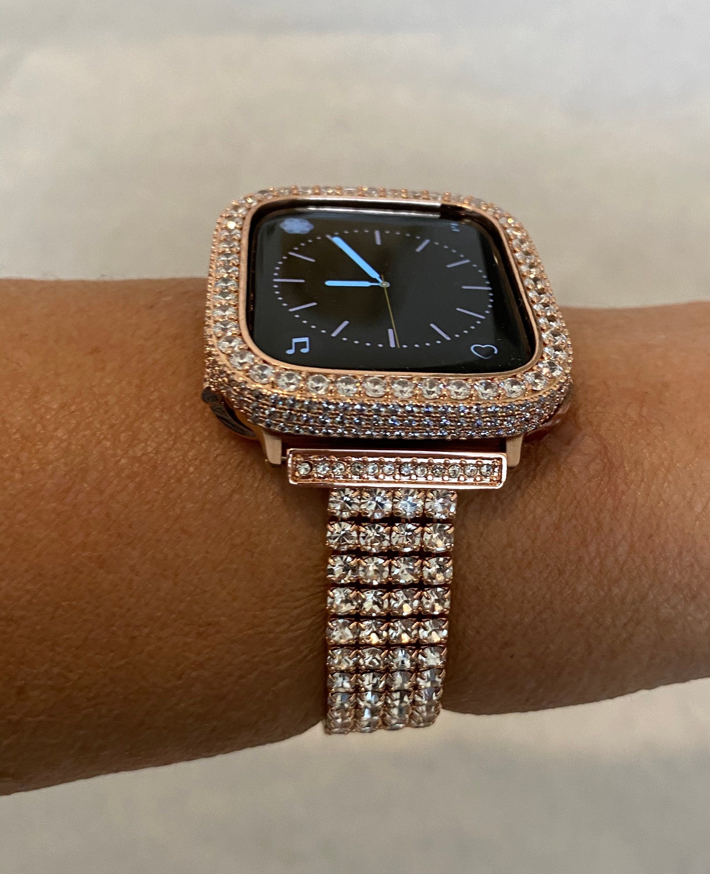 Apple Watch Band Series 10 Rose Gold Swarovski Crystals & or Apple Watch Cover Lab Diamond Bezel Case Smartwatch Bumper Bling 38mm-49mm