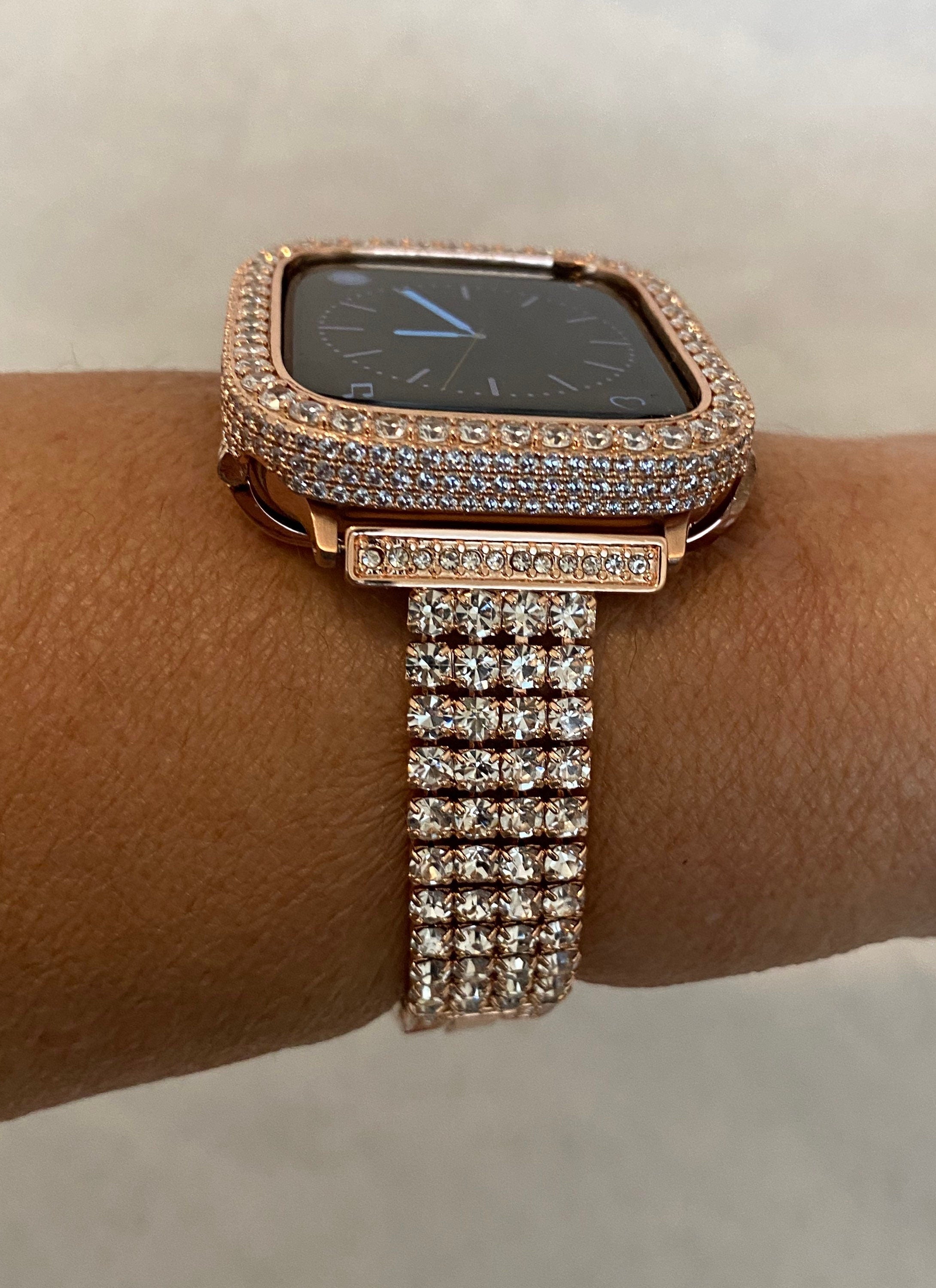 Apple Watch Band Series 10 Rose Gold Swarovski Crystals & or Apple Watch Cover Lab Diamond Bezel Case Smartwatch Bumper Bling 38mm-49mm