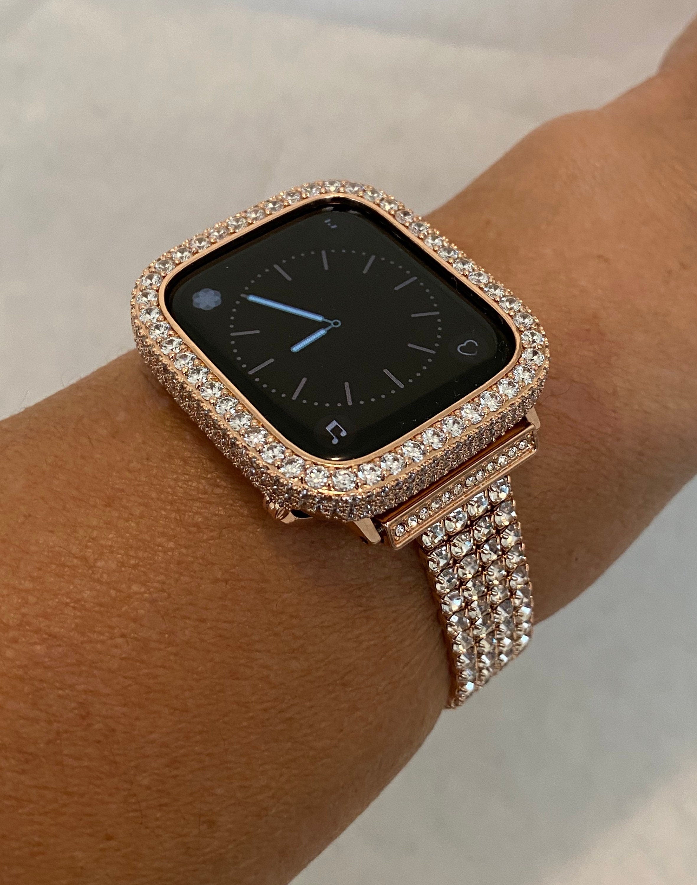 Apple Watch Band Series 12 Rose Gold Swarovski Crystals & or Apple Watch Cover Lab Diamond Bezel Case Smartwatch Bumper Bling 38mm-49mm