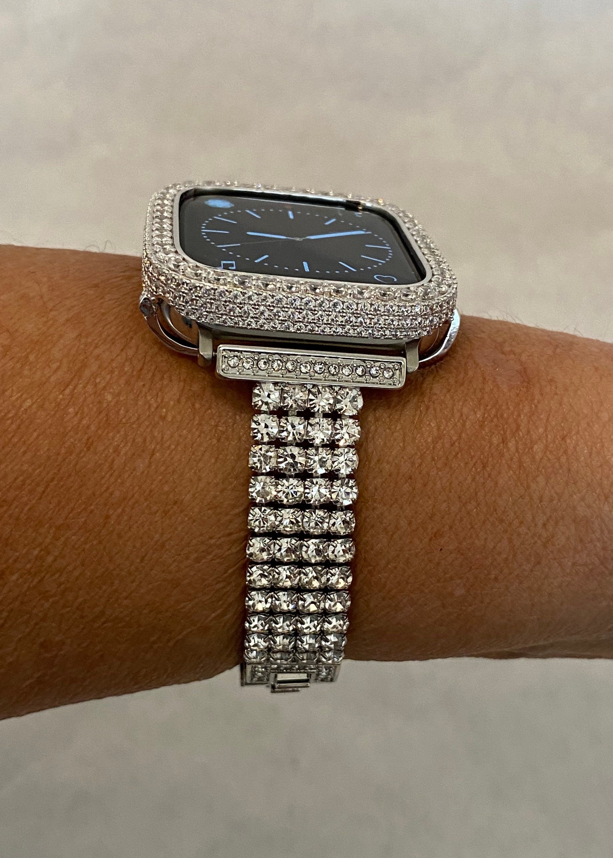 Swarovski Crystal Apple Watch Band Womens Silver Bracelet & or Apple Watch Case Lab Diamond Bezel Iphone Watch Cover 38mm-49mm Ultra Bling