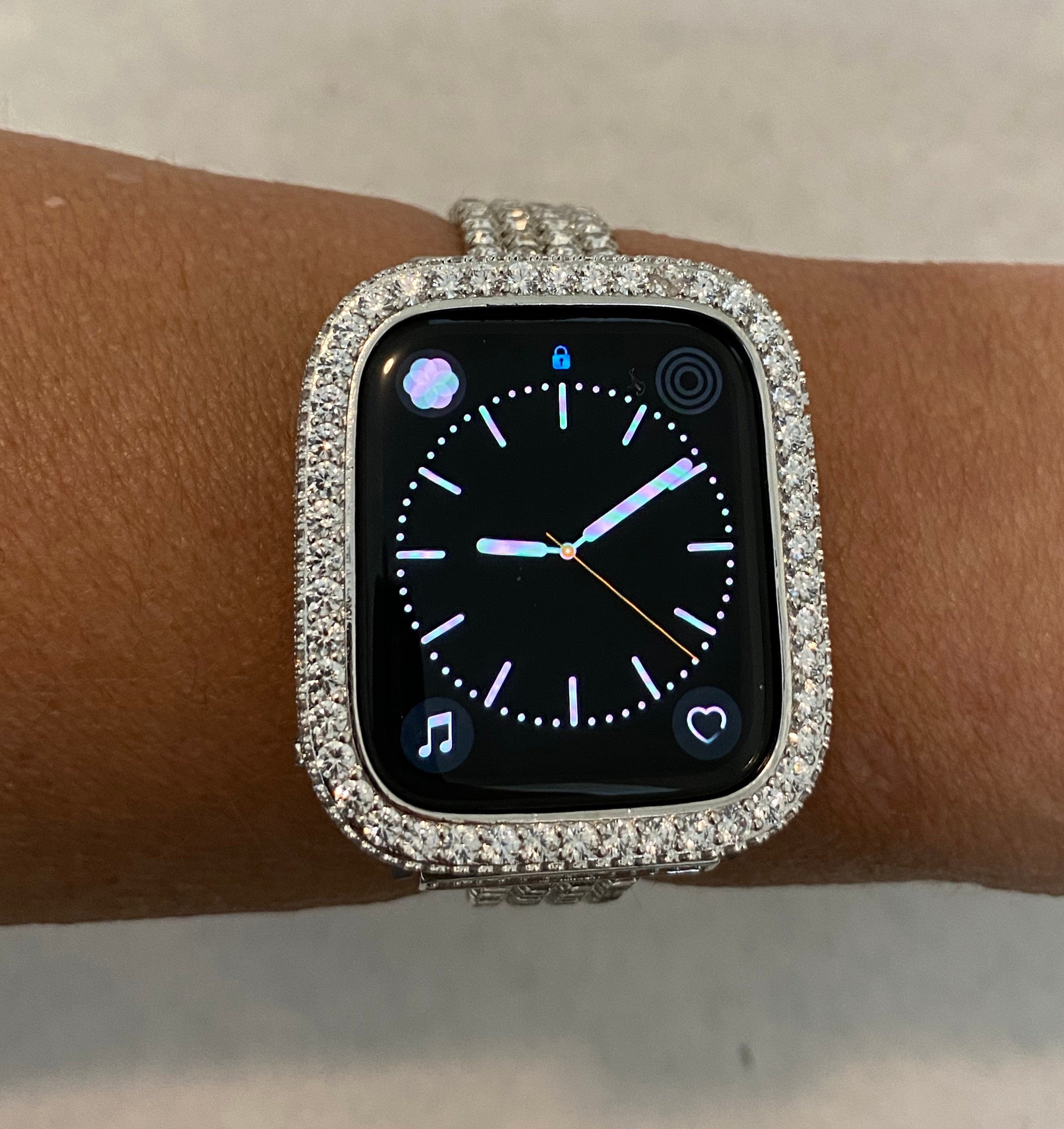 Swarovski Crystal Apple Watch Band Womens Silver Bracelet & or Apple Watch Case Lab Diamond Bezel Iphone Watch Cover 38mm-49mm Ultra Bling