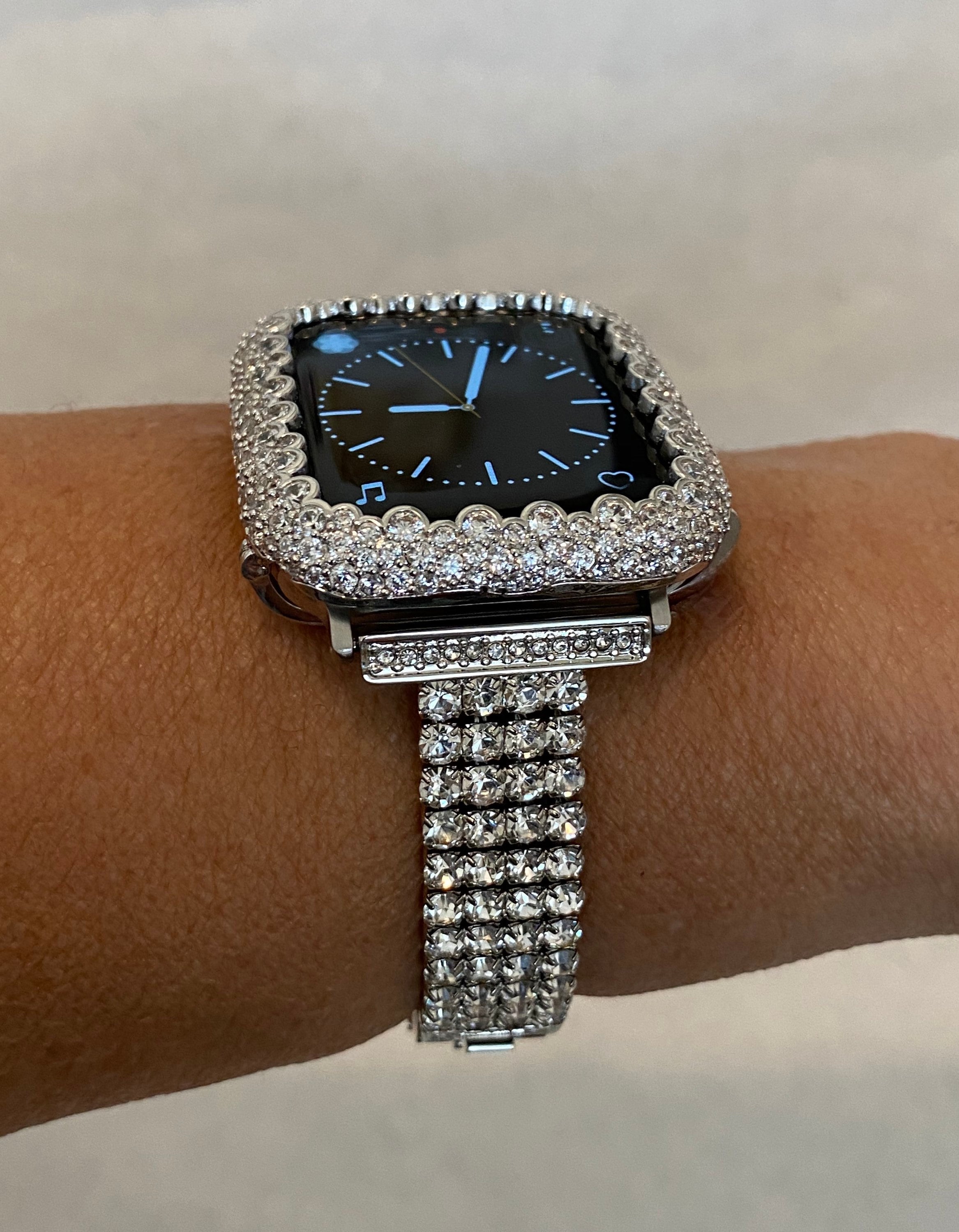 42mm 46mm Apple Watch Band Women Silver Swarovski Crystal & or White Gold Apple Case for Iphone Watch 38mm - 49mm Iwatch Candy Bling Cover