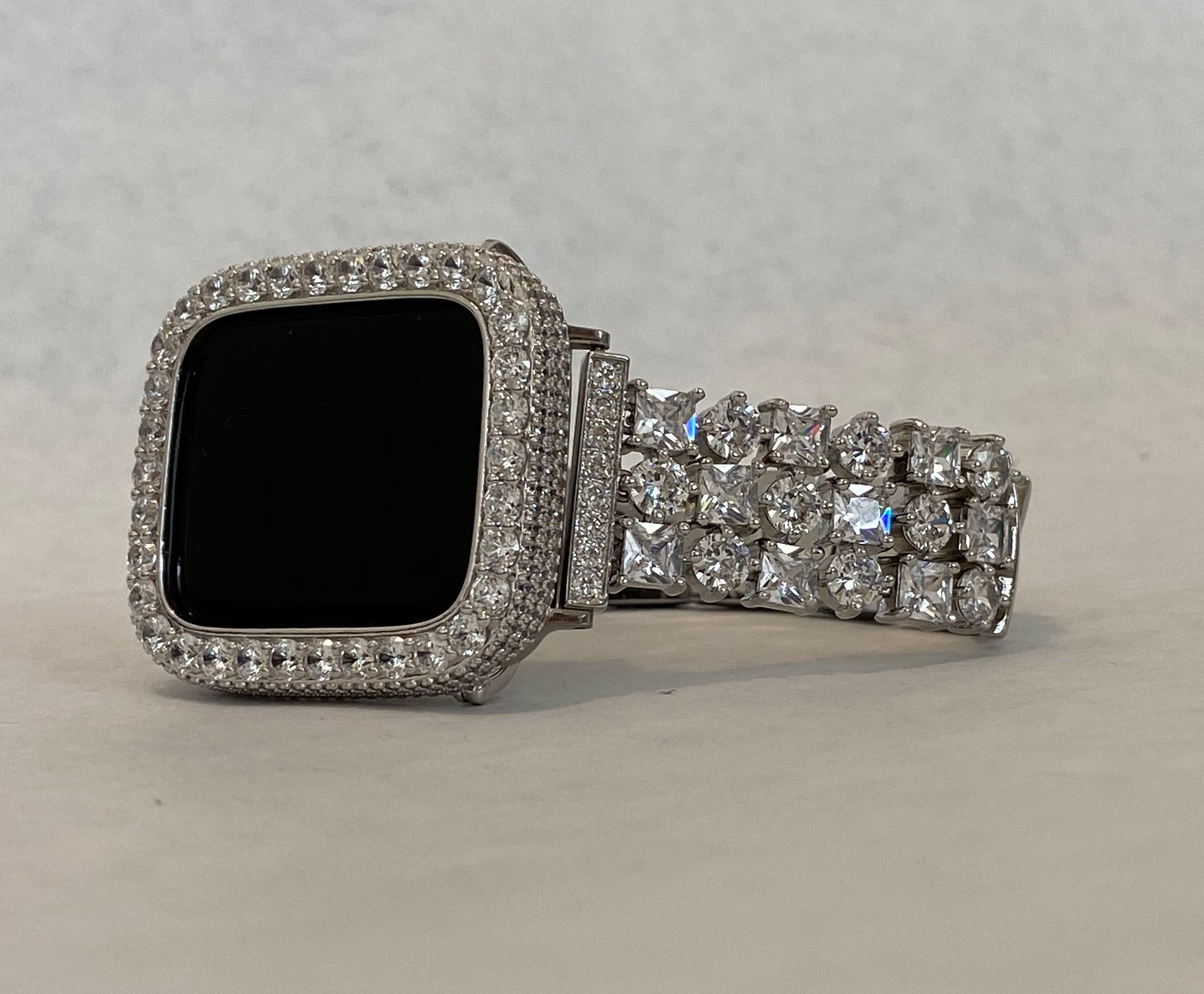 Series 2-9 Apple Watch Band Silver Swarovski Crystals & or Apple Watch Cover Lab Diamond Bezel Cover 38mm 40mm 41mm 42mm 44mm 45mm