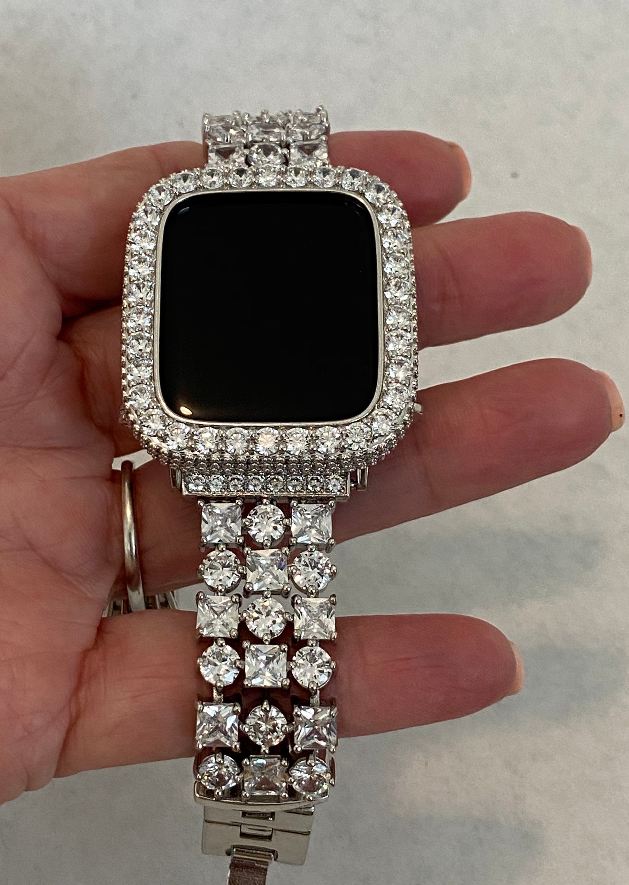 Series 2-9 Apple Watch Band Silver Swarovski Crystals & or Apple Watch Cover Lab Diamond Bezel Cover 38mm 40mm 41mm 42mm 44mm 45mm