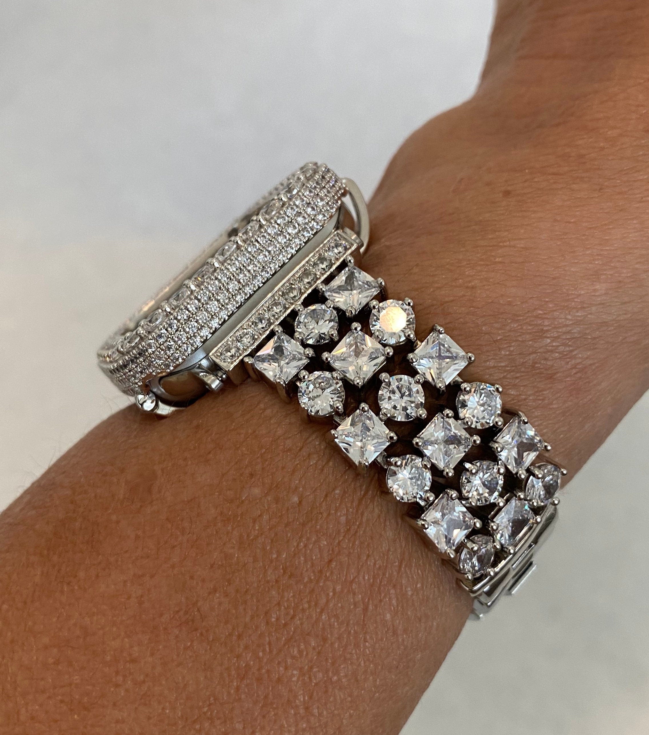 Series 2-9 Apple Watch Band Silver Swarovski Crystals & or Apple Watch Cover Lab Diamond Bezel Cover 38mm 40mm 41mm 42mm 44mm 45mm
