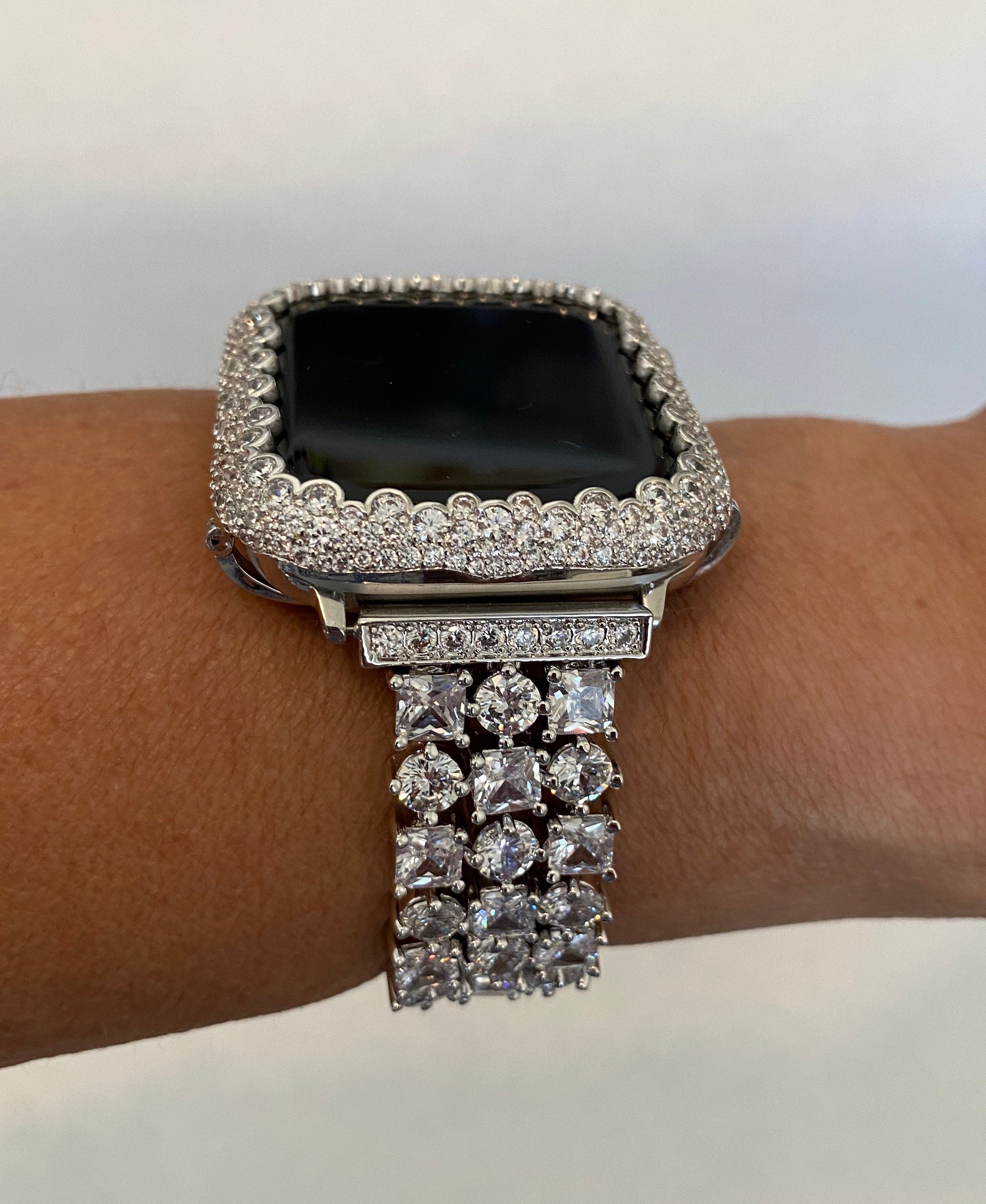 Silver Apple Watch Band 42mm 46mm Series 10 Women's Swarovski Crystal & or Apple Watch Cover Lab Diamond Bezel Iwatch Case 38mm-49mm Bling