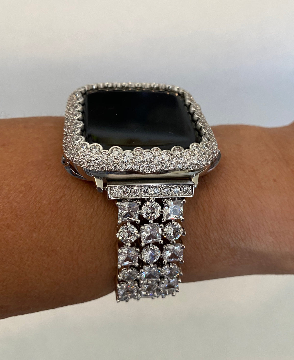 Silver Apple Watch Band 42mm 46mm Series 11 Women's High End Crystal & or Apple Watch Cover Lab Diamond Bezel Iwatch Case 38mm-49mm Bling