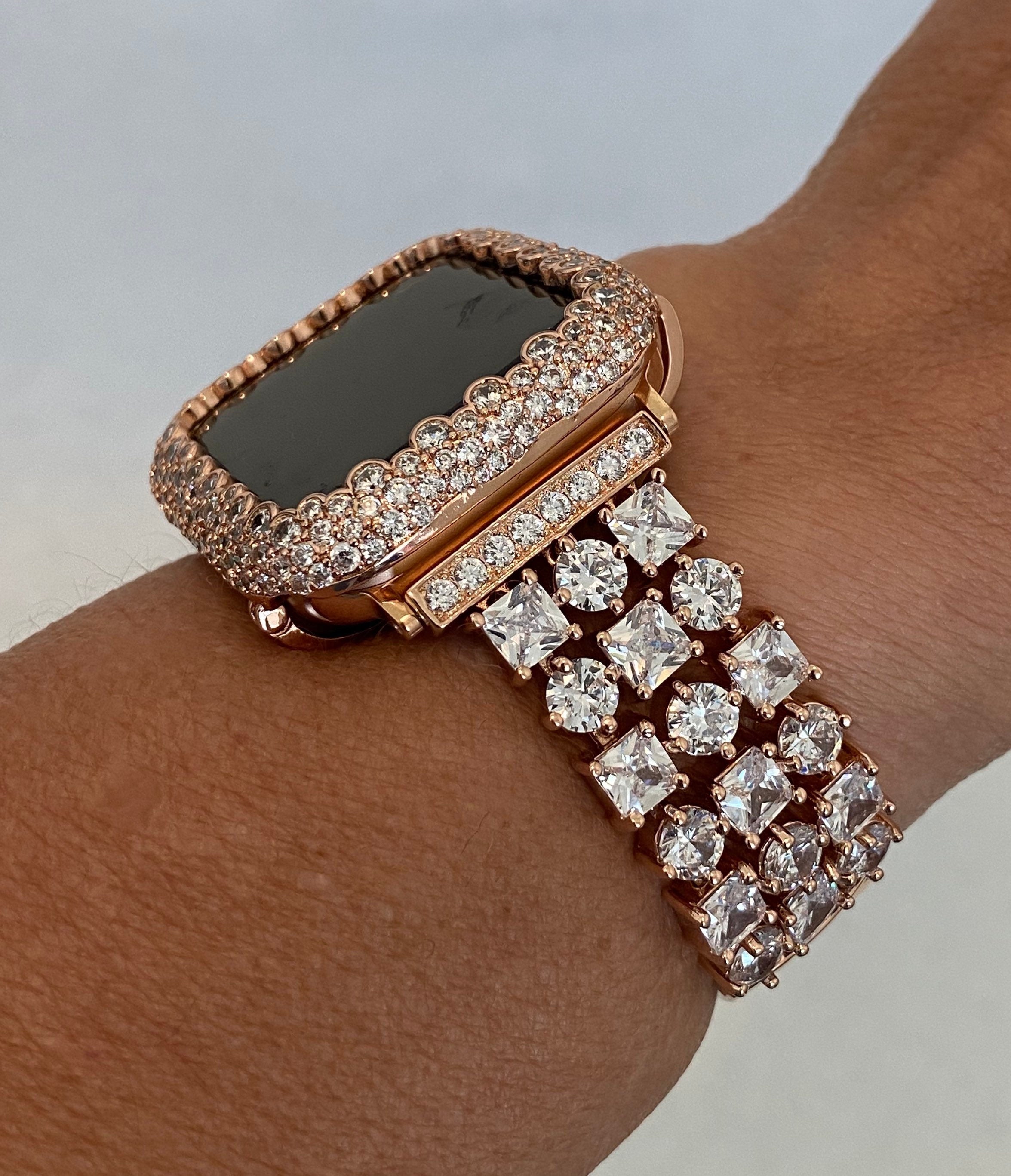 Apple Watch Band 41mm 45mm 49mm Ultra Swarovski Crystals Rose Gold & or Apple Watch Case Lab Diamond Bezel Apple Watch Cover Iwatch Candy