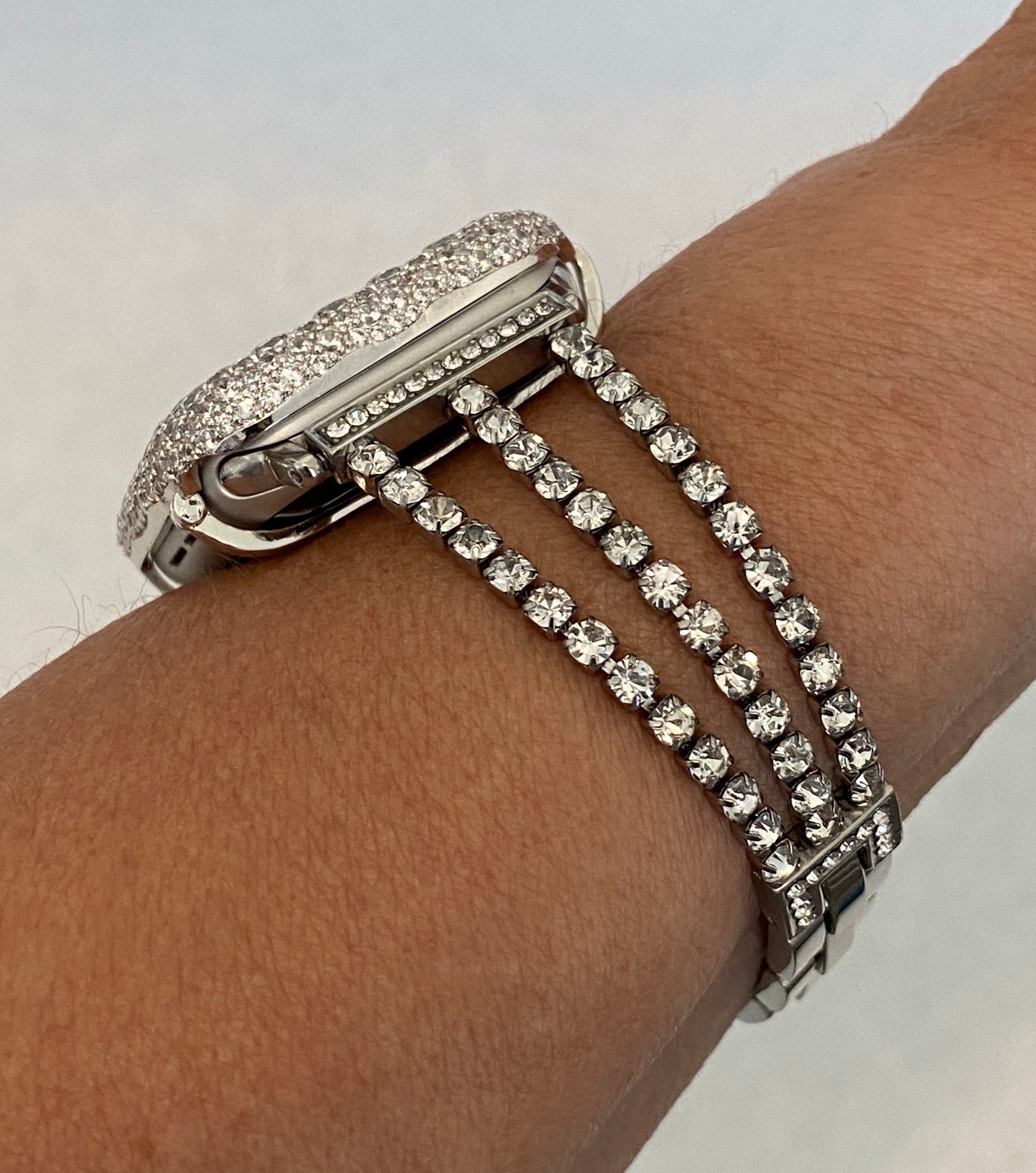 Series 7 Apple Watch Band Women's Bracelet and or Silver Iwatch Cover Lab Diamond Bezel Bling 38mm-49mm Ultra Smartwatch Bumper