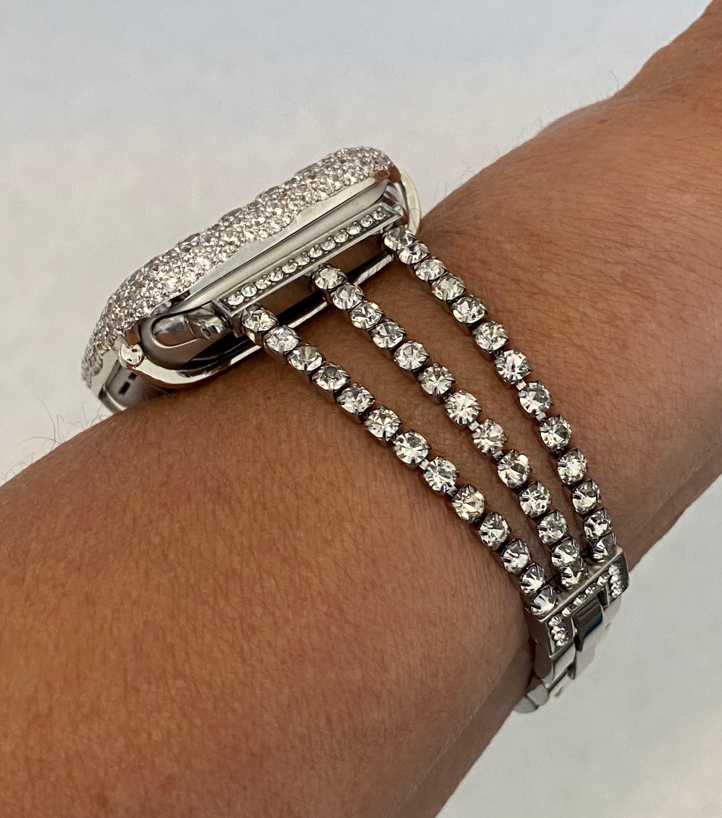 Series 7 Apple Watch Band Women's Bracelet and or Silver Iwatch Cover Lab Diamond Bezel Bling 38mm-49mm Ultra Smartwatch Bumper