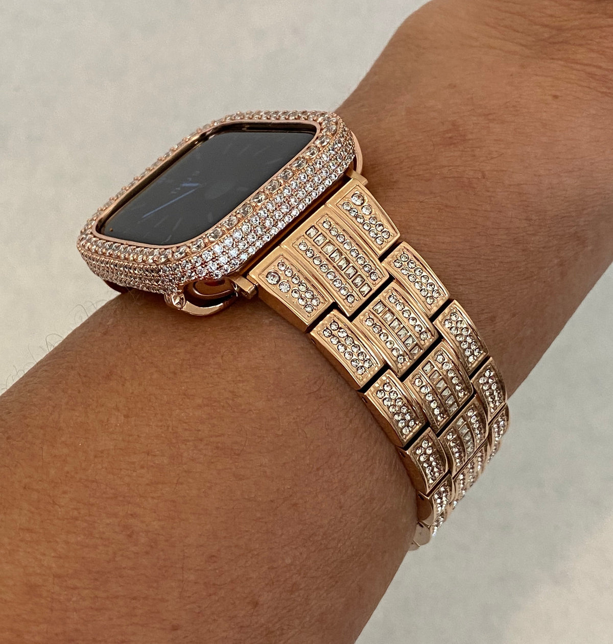 Rose Gold Apple Watch Band Stainless Steel Swarovski Crystals & or Apple Watch Case Lab Diamond Pave Bezel Cover 38mm-45mm Series 2-11