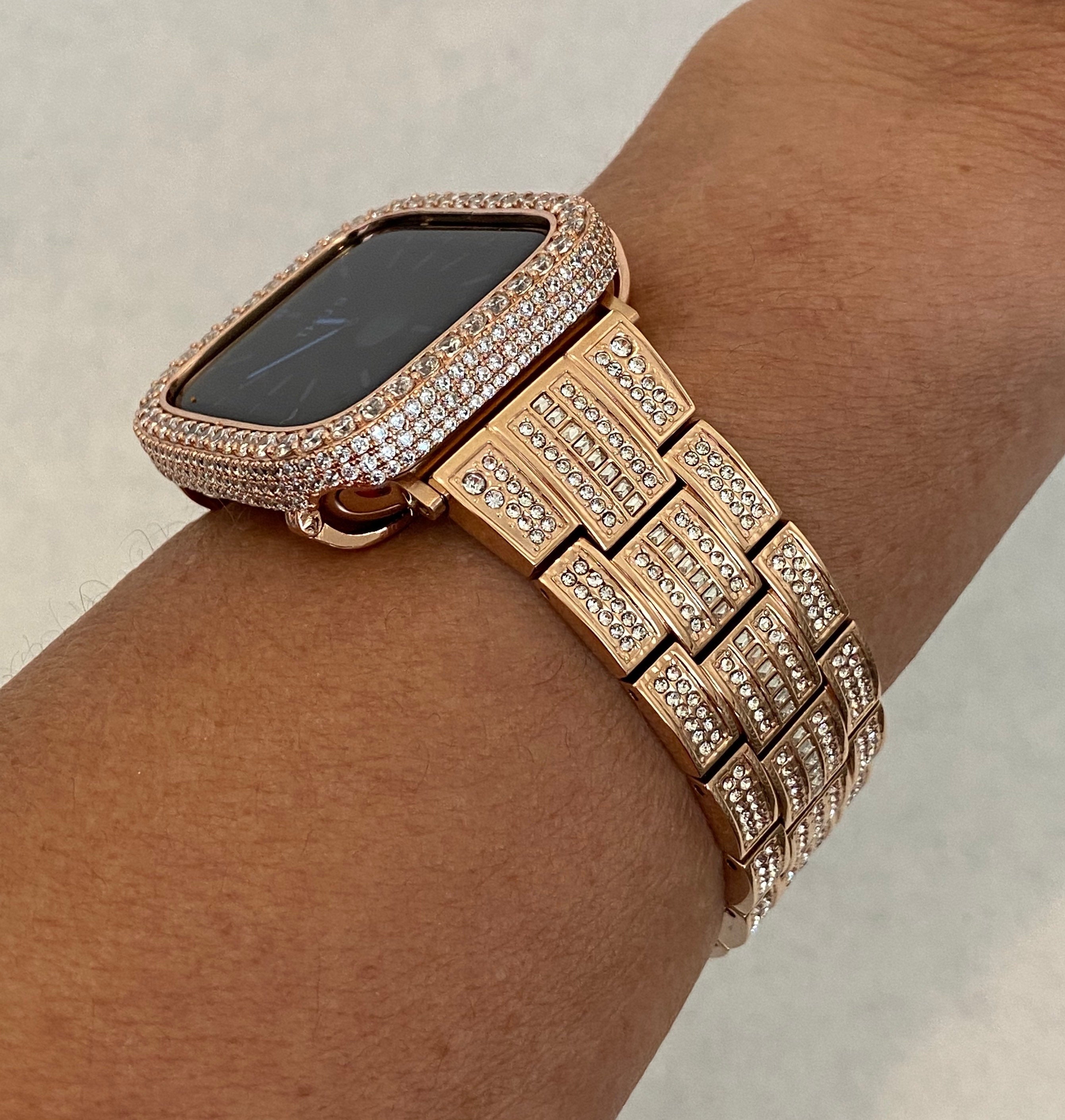 Rose Gold Apple Watch Band Stainless Steel Swarovski Crystals & or Apple Watch Case Lab Diamond Pave Bezel Cover 38mm-45mm Series 2-10